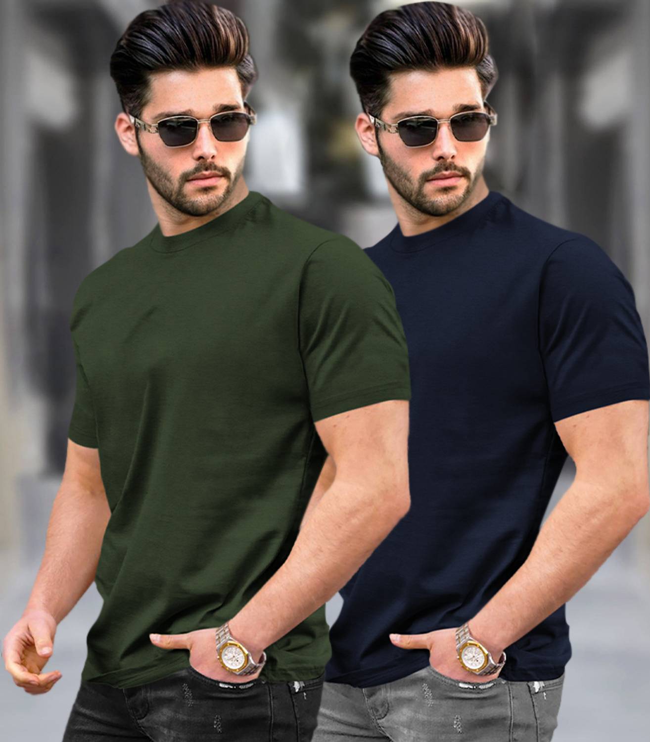 TRIPR Pack of 2 Men Solid Round Neck Cotton Blend Multicolor T-Sh