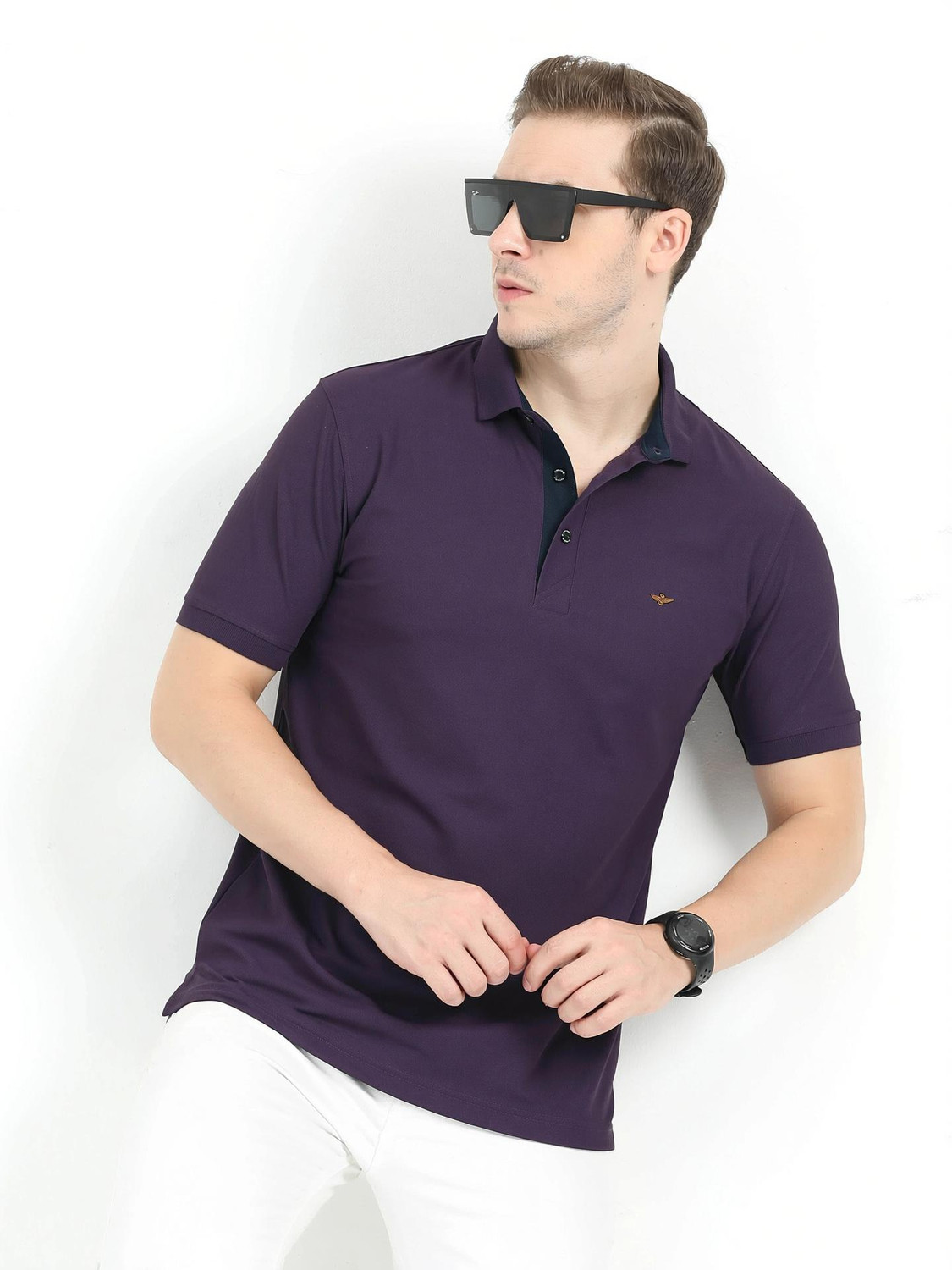 Image of Stellers Solid Men Polo Neck Purple T-Shirt