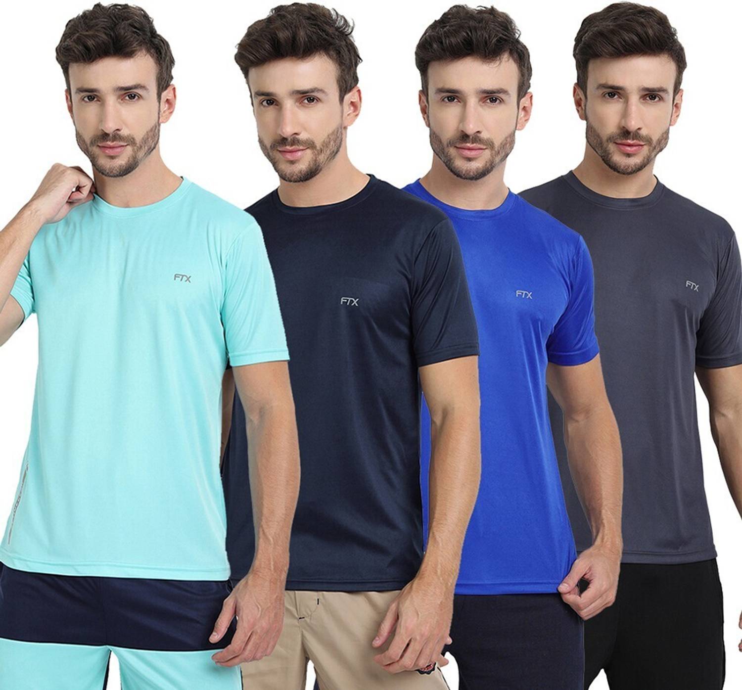 FTX Pack of 4 Men Solid Round Neck Polyester Dark Blue, Light Blu