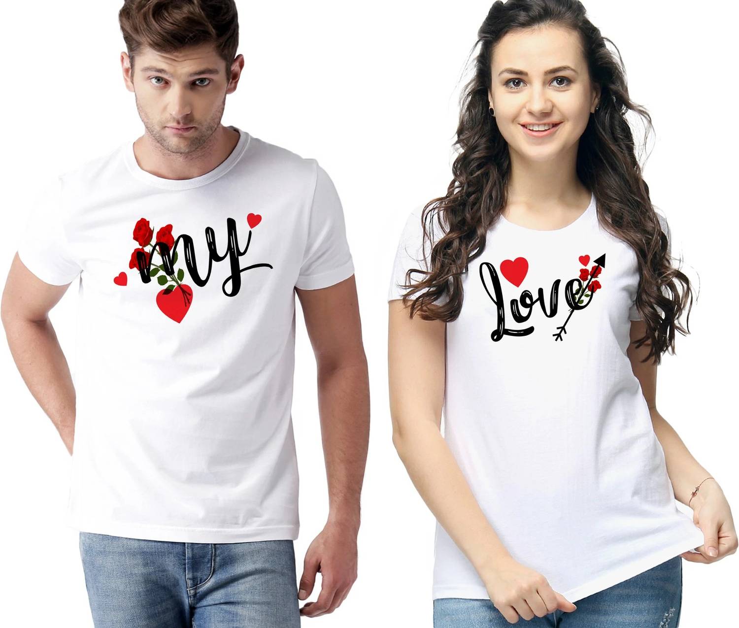 EAZYTEK Printed Couple Round Neck White T-Shirt