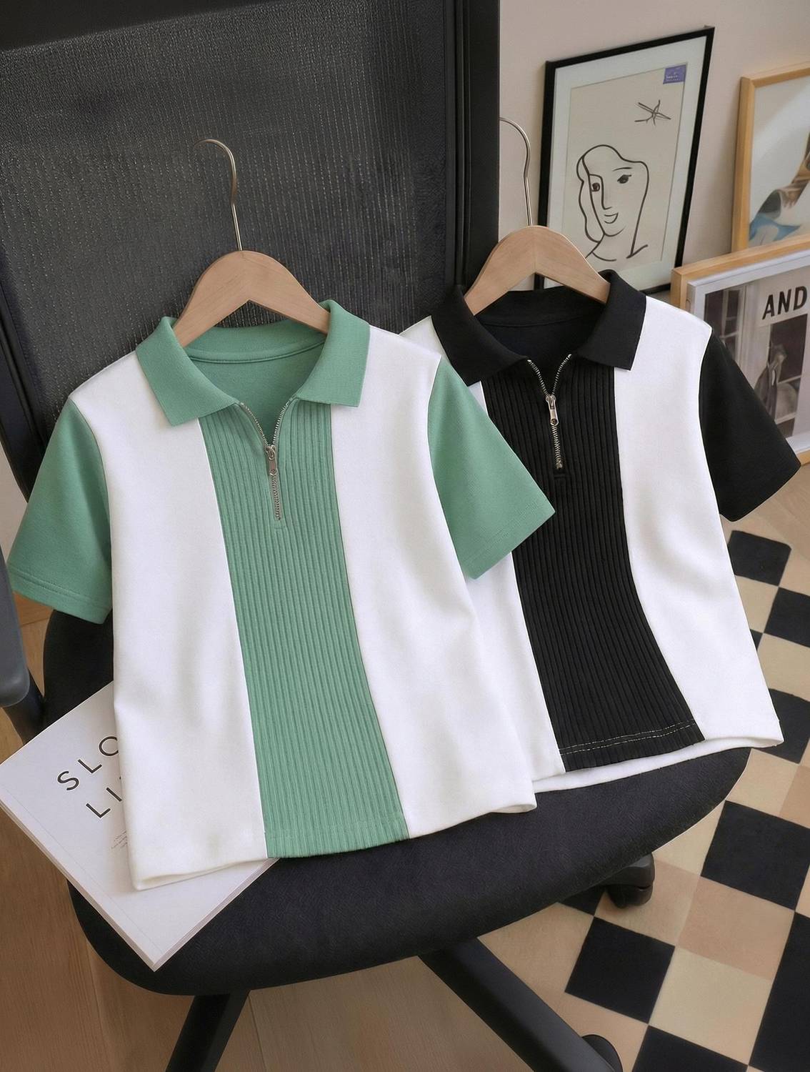 Try This Colorblock Men Polo Neck Black, Light Green T-Shirt