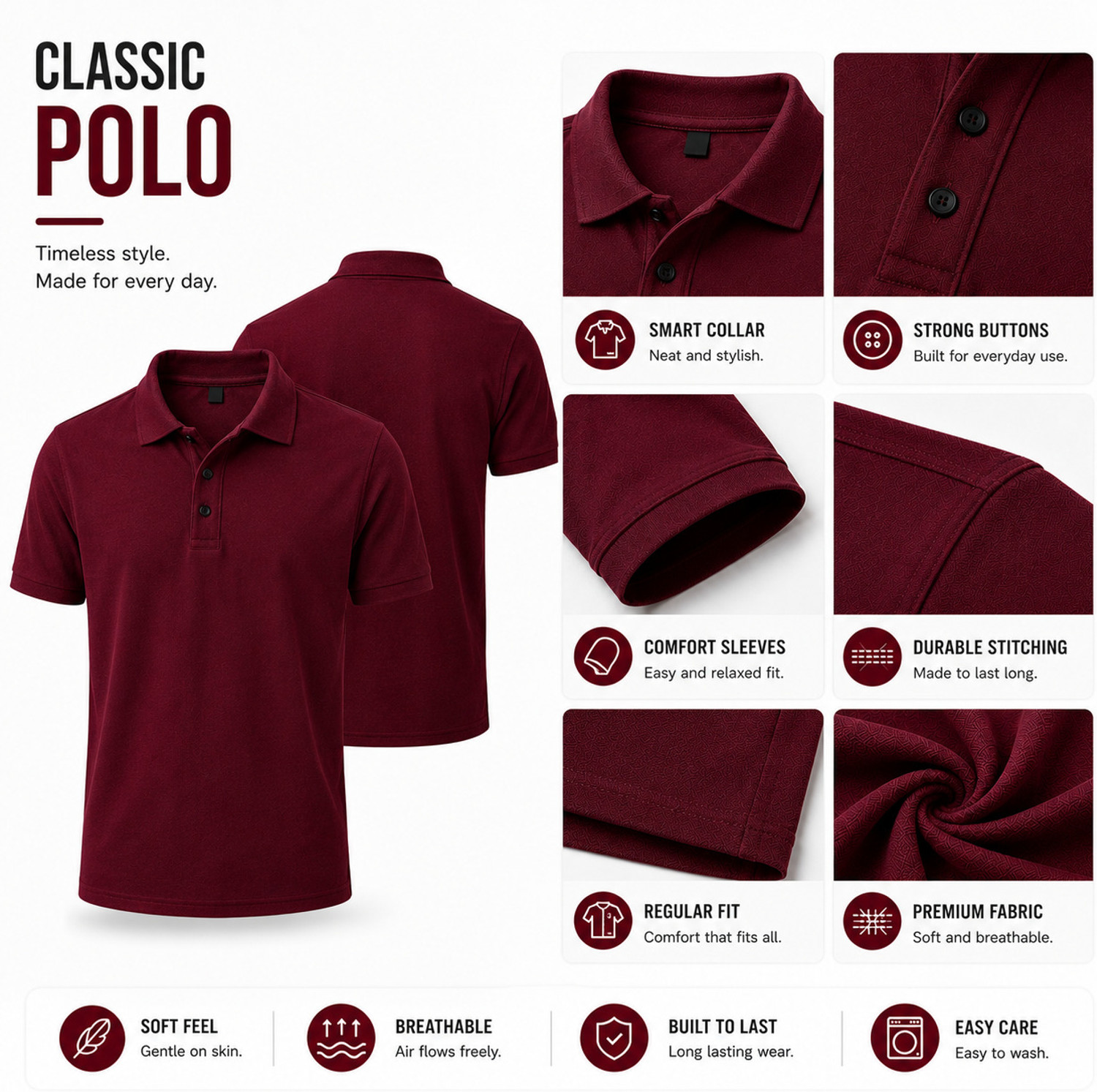 Image of The Indian Fabric Solid Men Polo Neck Maroon T-Shirt
