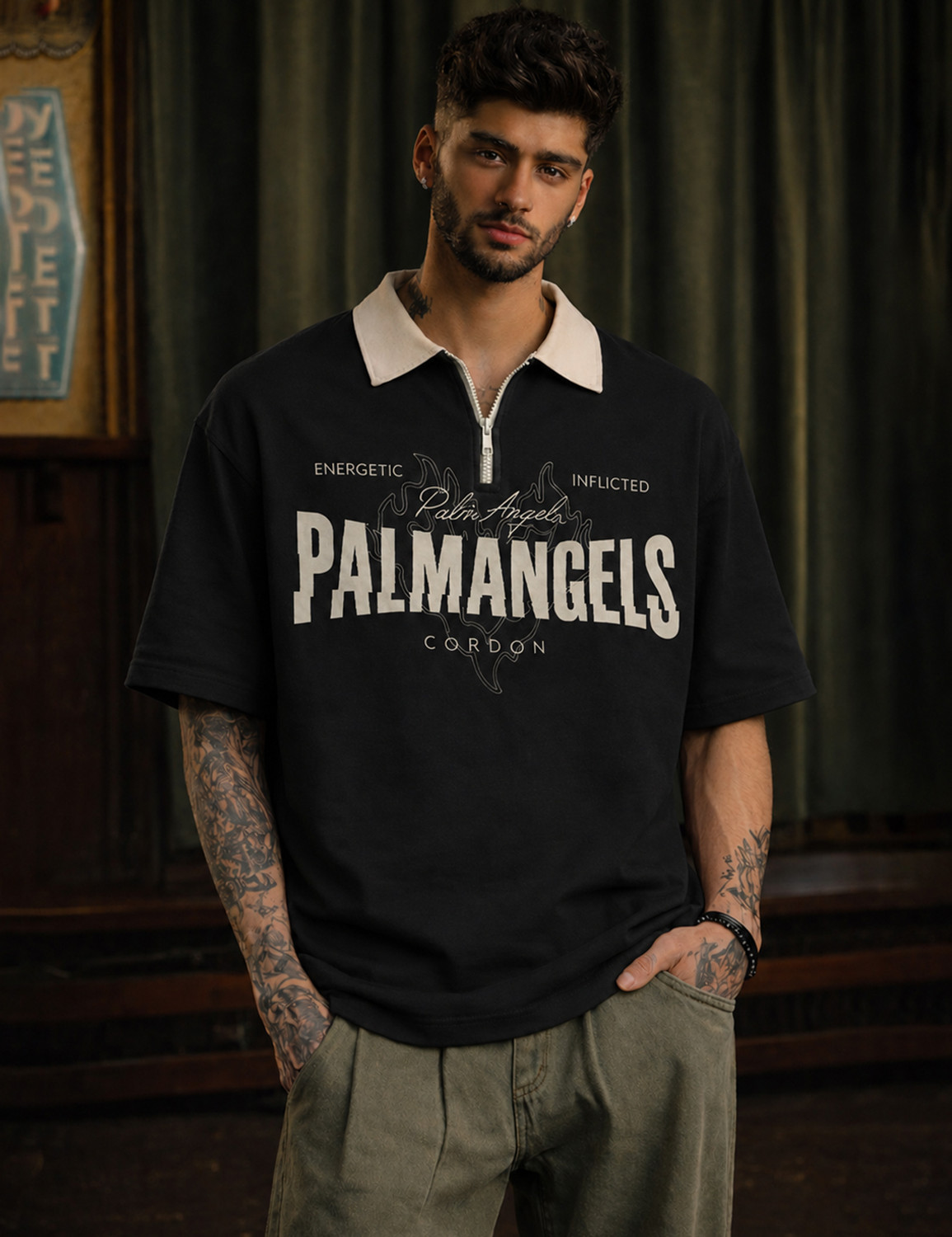 Image of Force Printed Men Zip Neck Reversible Black T-Shirt