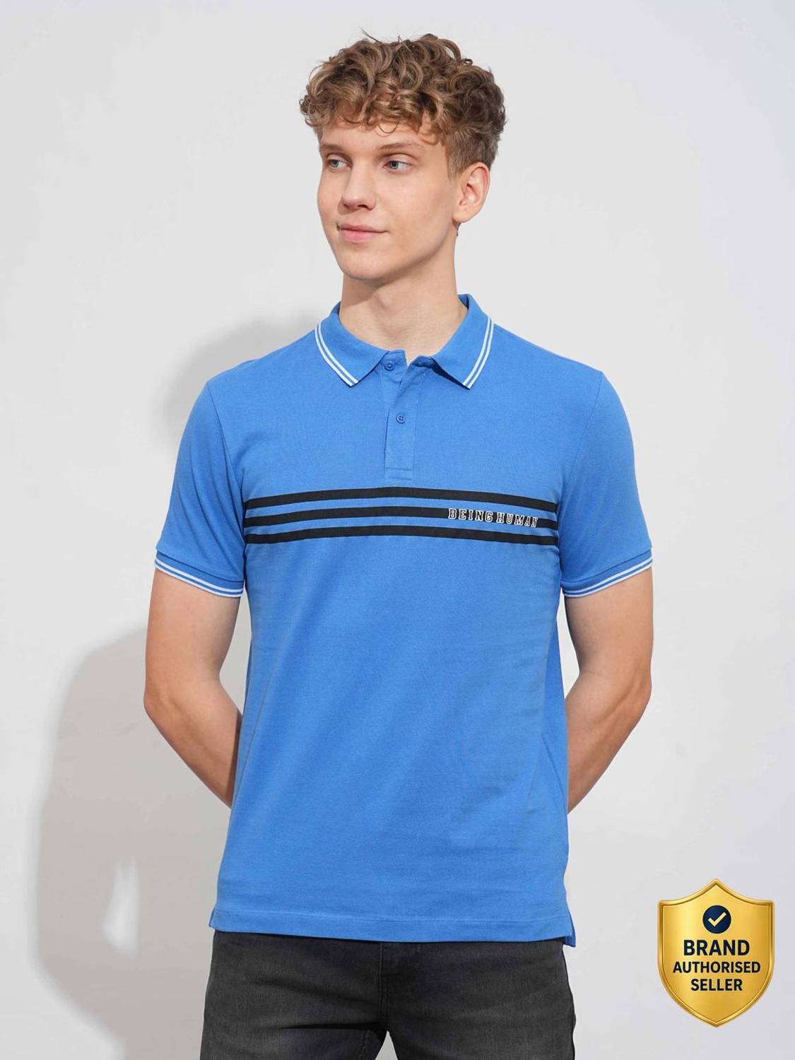 BEING HUMAN Blue Regular Fit Men's Polo T-Shirt by Being Human Clothing Men Striped Polo Neck Pure Cotton Blue T-Shirt