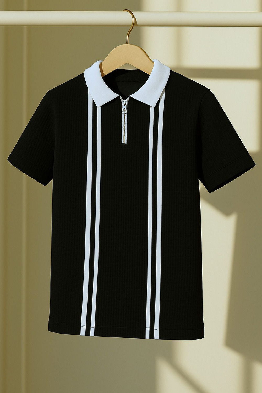Image of Try This Striped Men Polo Neck Black T-Shirt