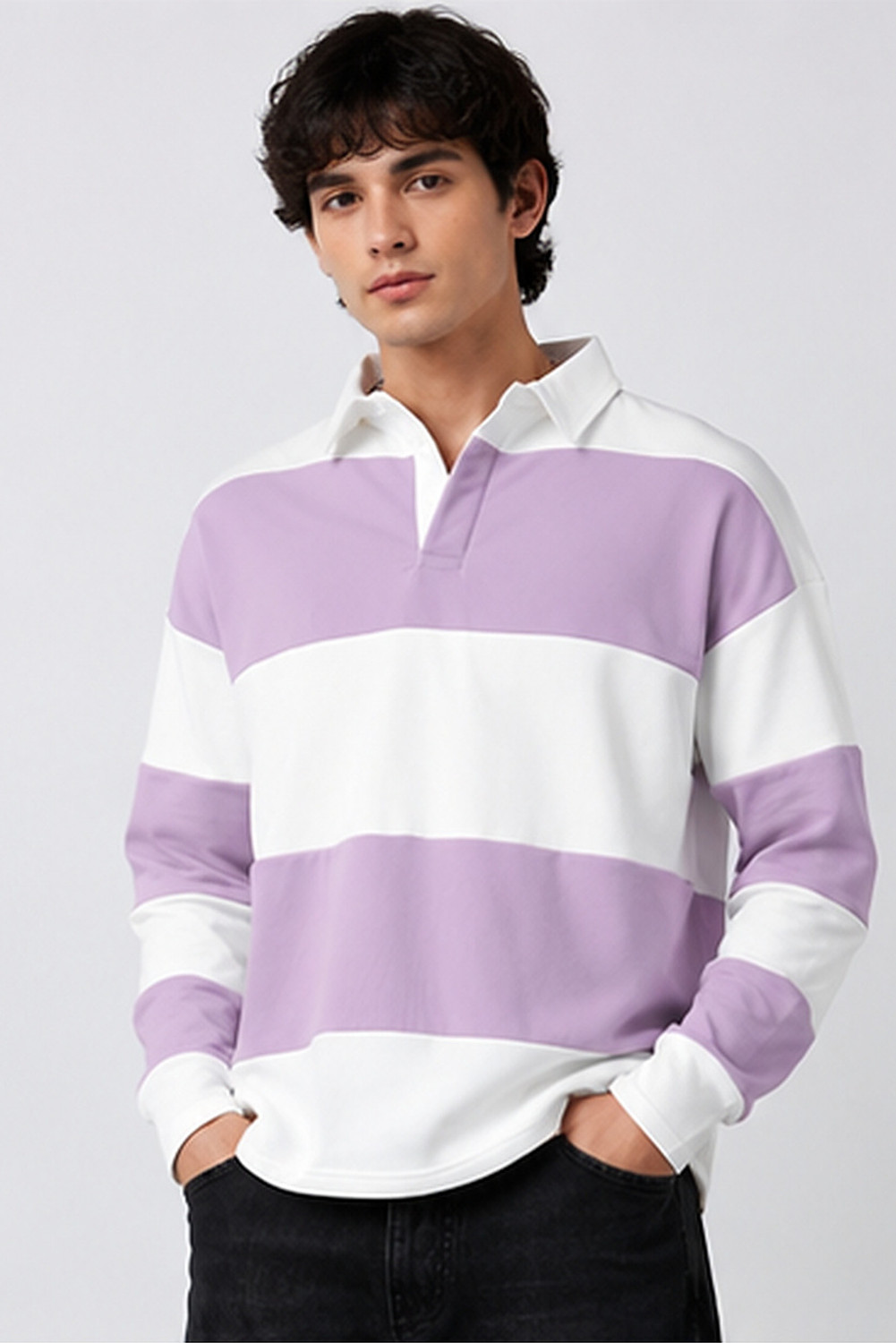 Image of MANIAC Men Colorblock Polo Neck Pure Cotton Purple, White T-Shirt