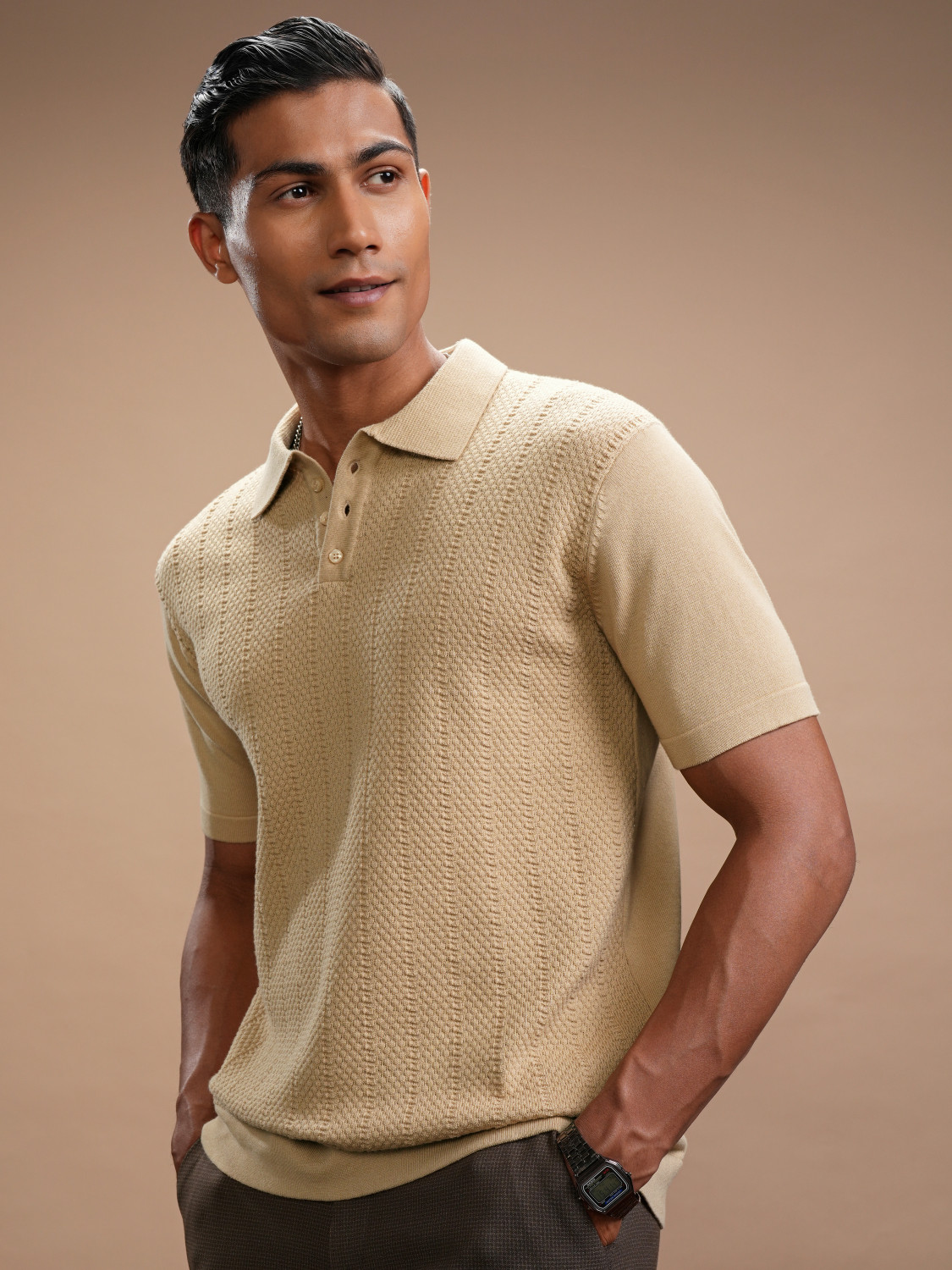 Image of HIGHLANDER Self Design Men Polo Neck Beige T-Shirt