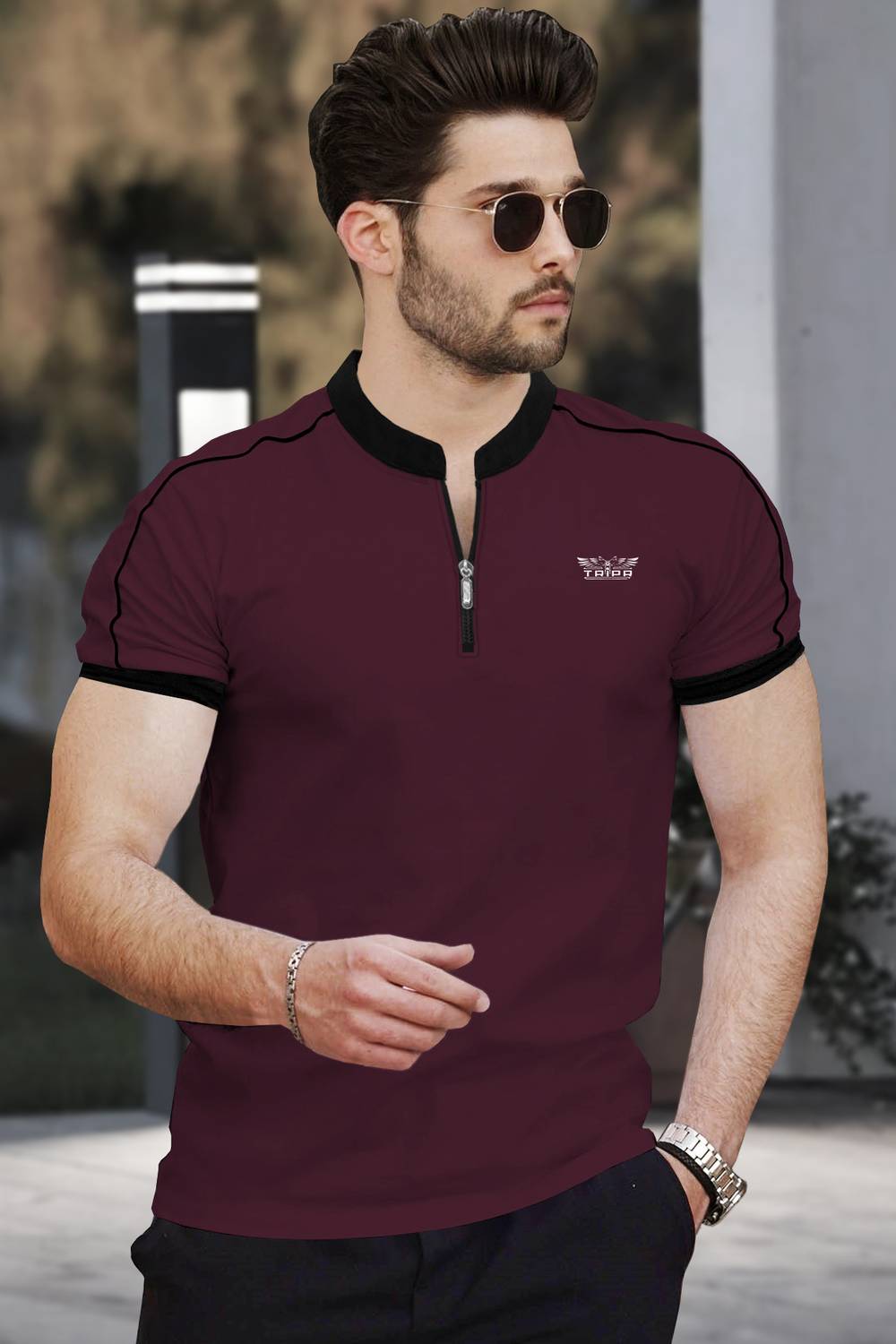 TRIPR Men Solid Mandarin Collar Cotton Blend Maroon T-Shirt