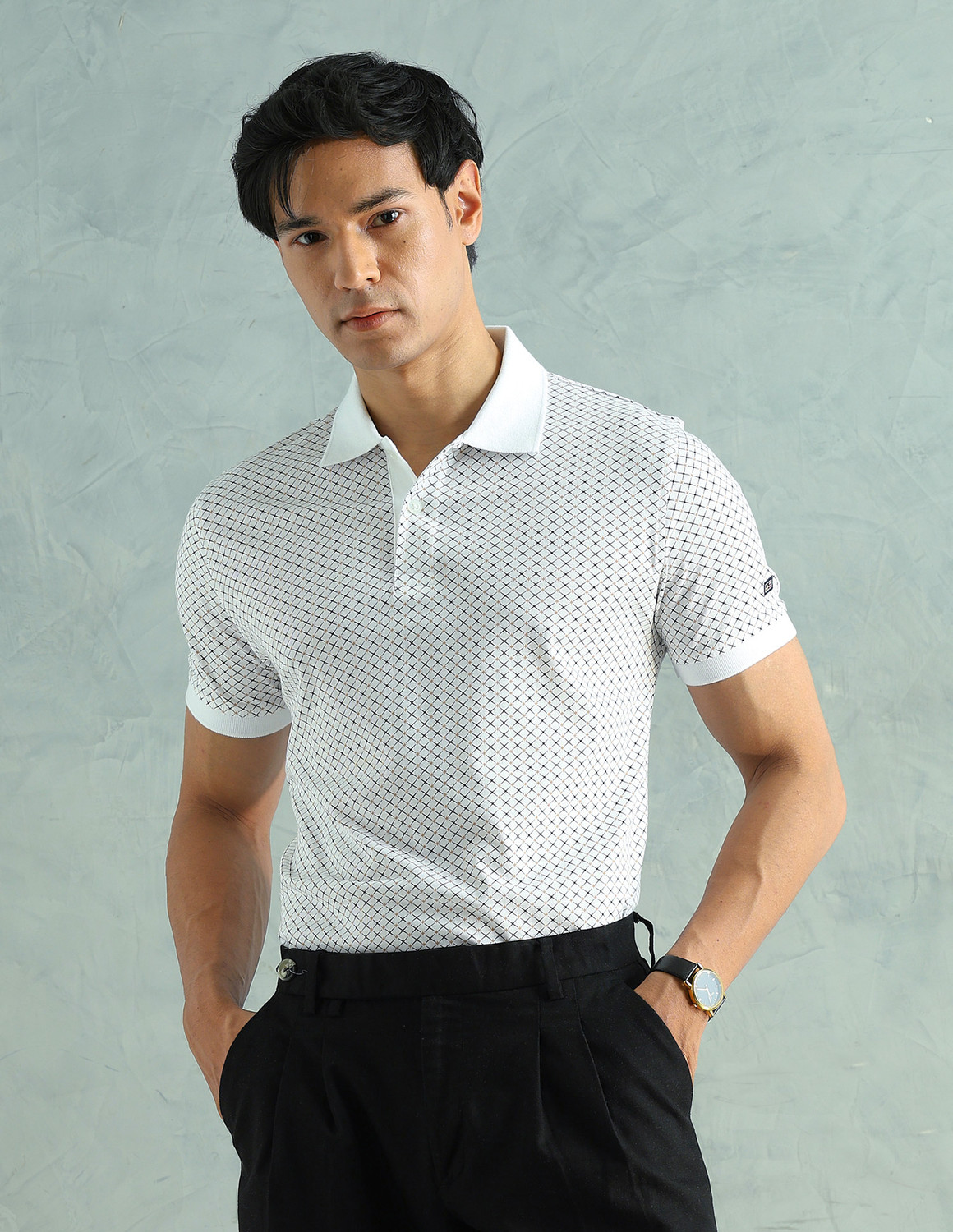 Image of Arrow Sport Geometric Print Men Polo Neck White T-Shirt