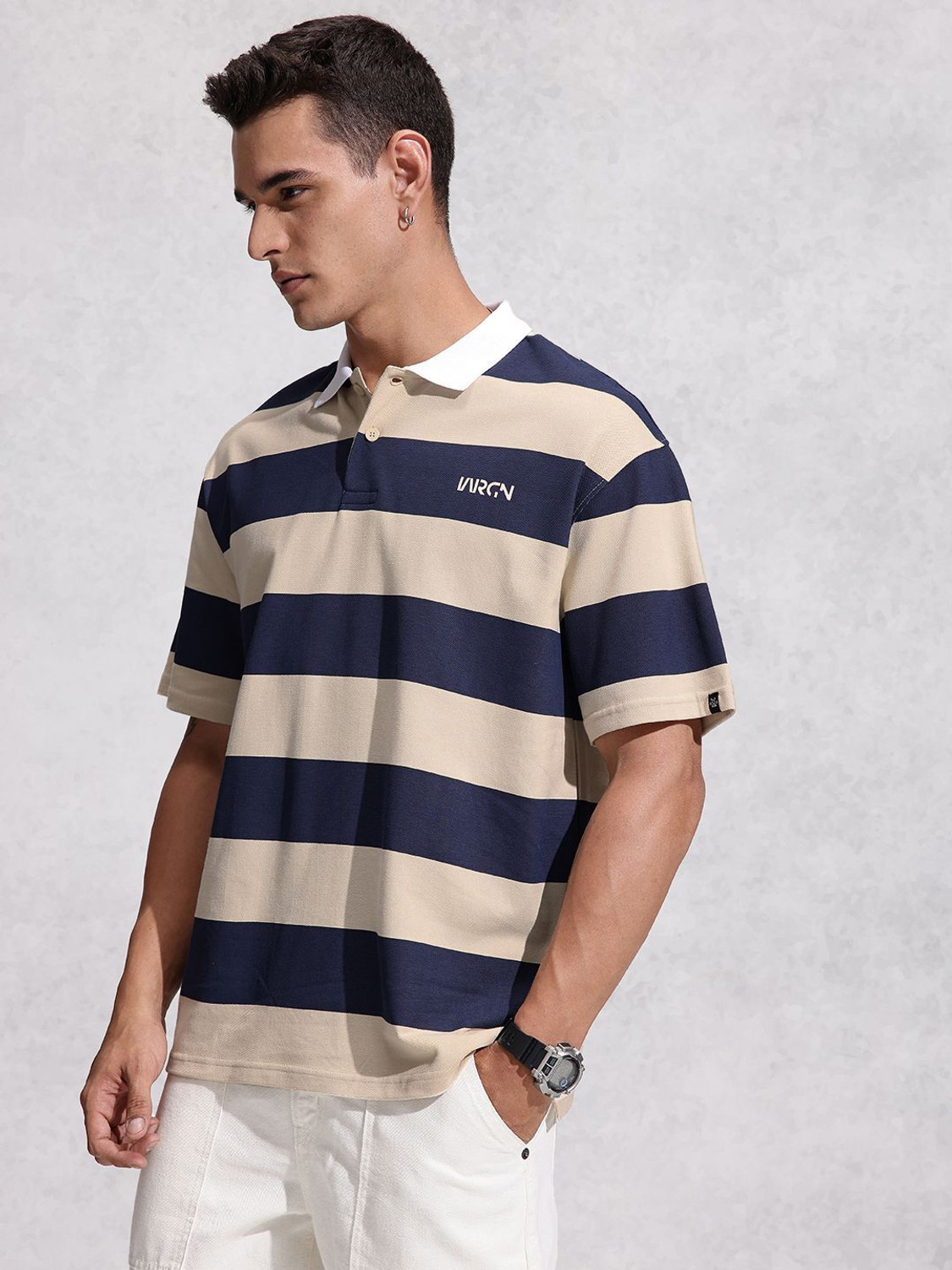 Image of WROGN Striped Men Polo Neck Beige T-Shirt