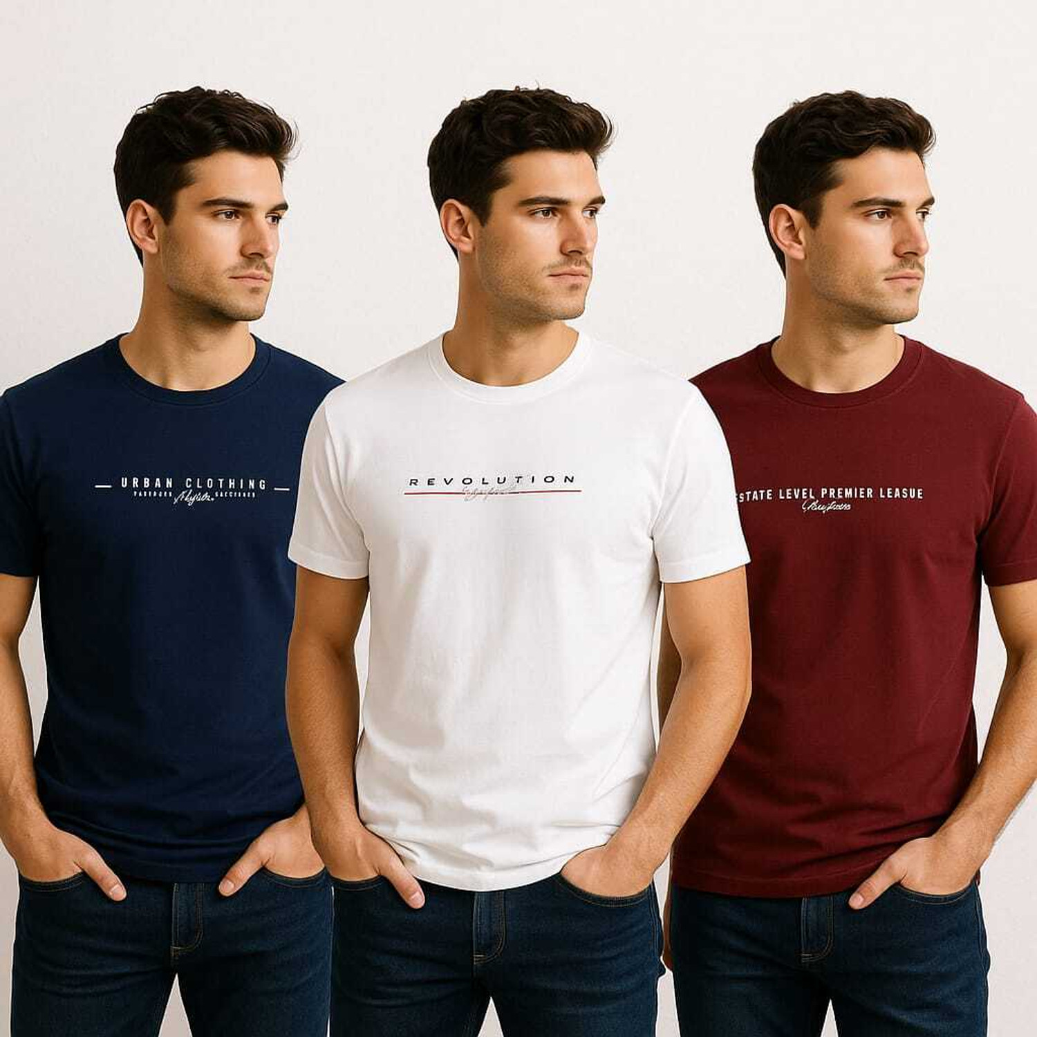 Image of WHITE ROSE Pack of 3 Men Printed Round Neck Polycotton Navy Blue, White, Maroon T-Shirt