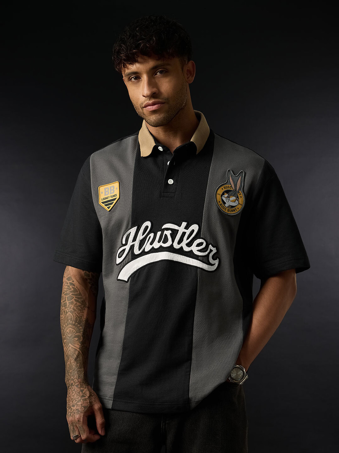 Image of The Souled Store Typography Men Polo Neck Black T-Shirt