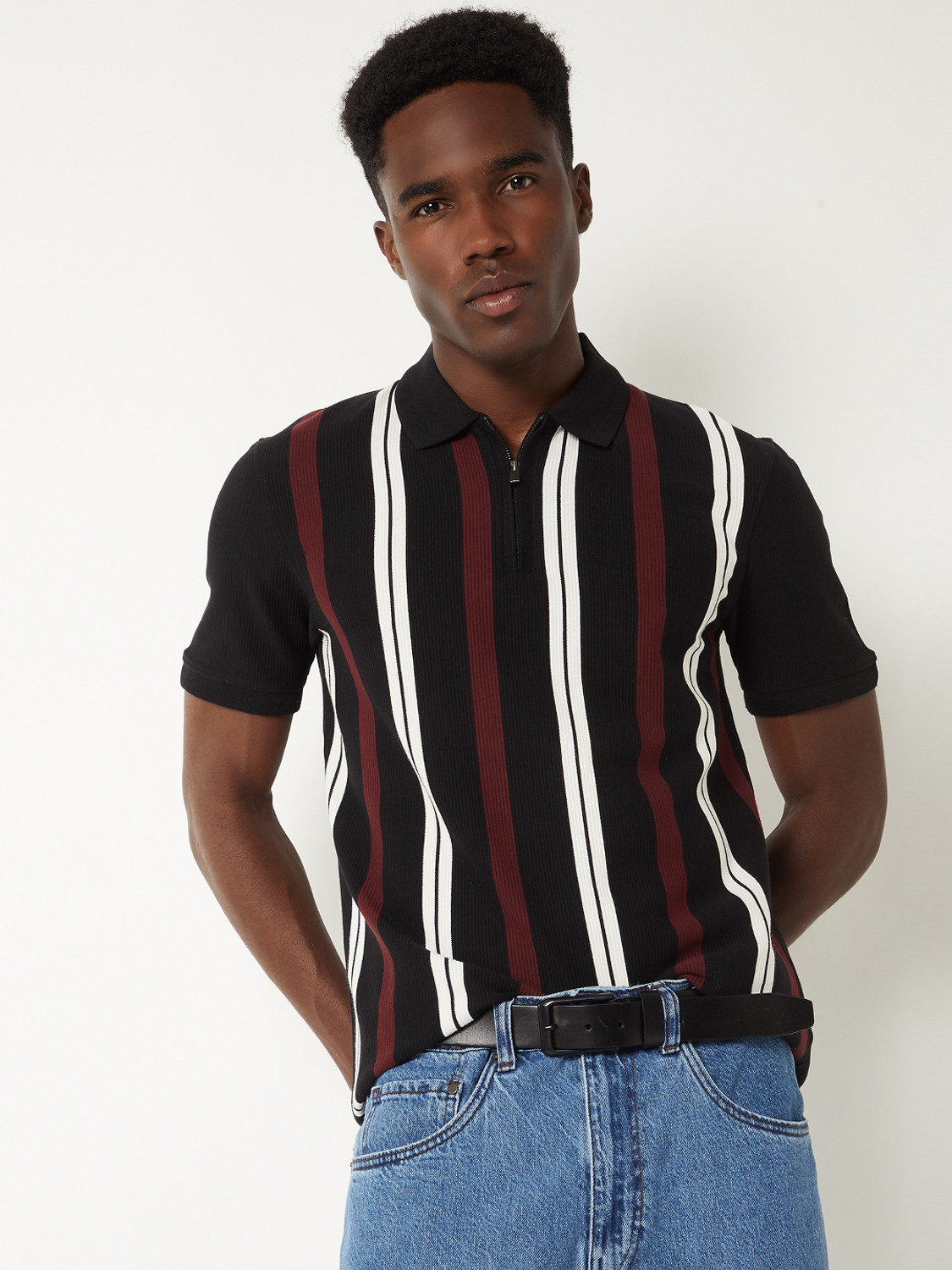 Image of MAX Striped Men Polo Neck Black T-Shirt