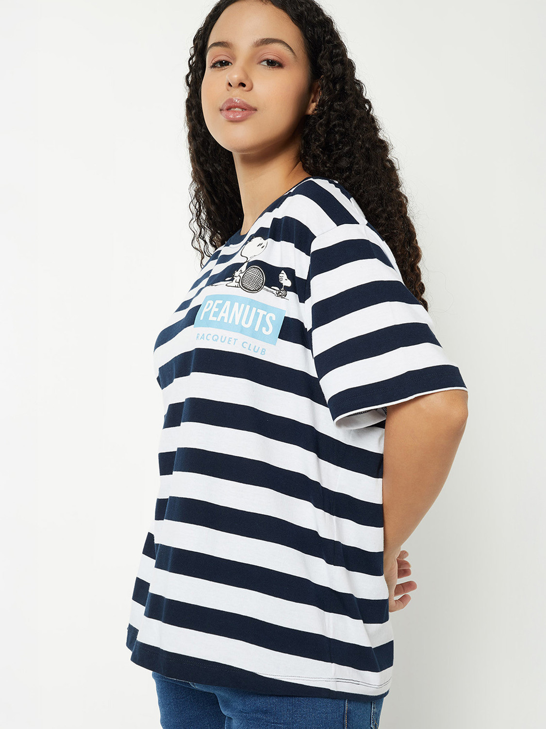 Image of MAX Printed Women Round Neck Blue T-Shirt