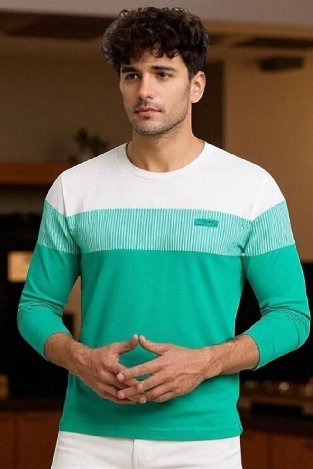 TREND AUTANASH Colorblock Men Round Neck Green, White T-Shirt