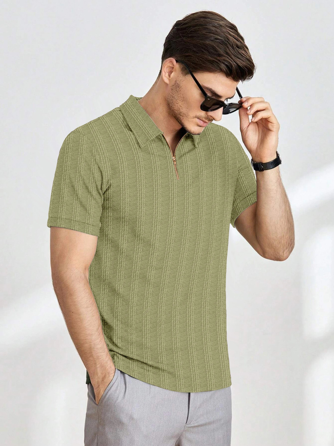 Image of COMBRAIDED Striped Men Zip Neck Green T-Shirt