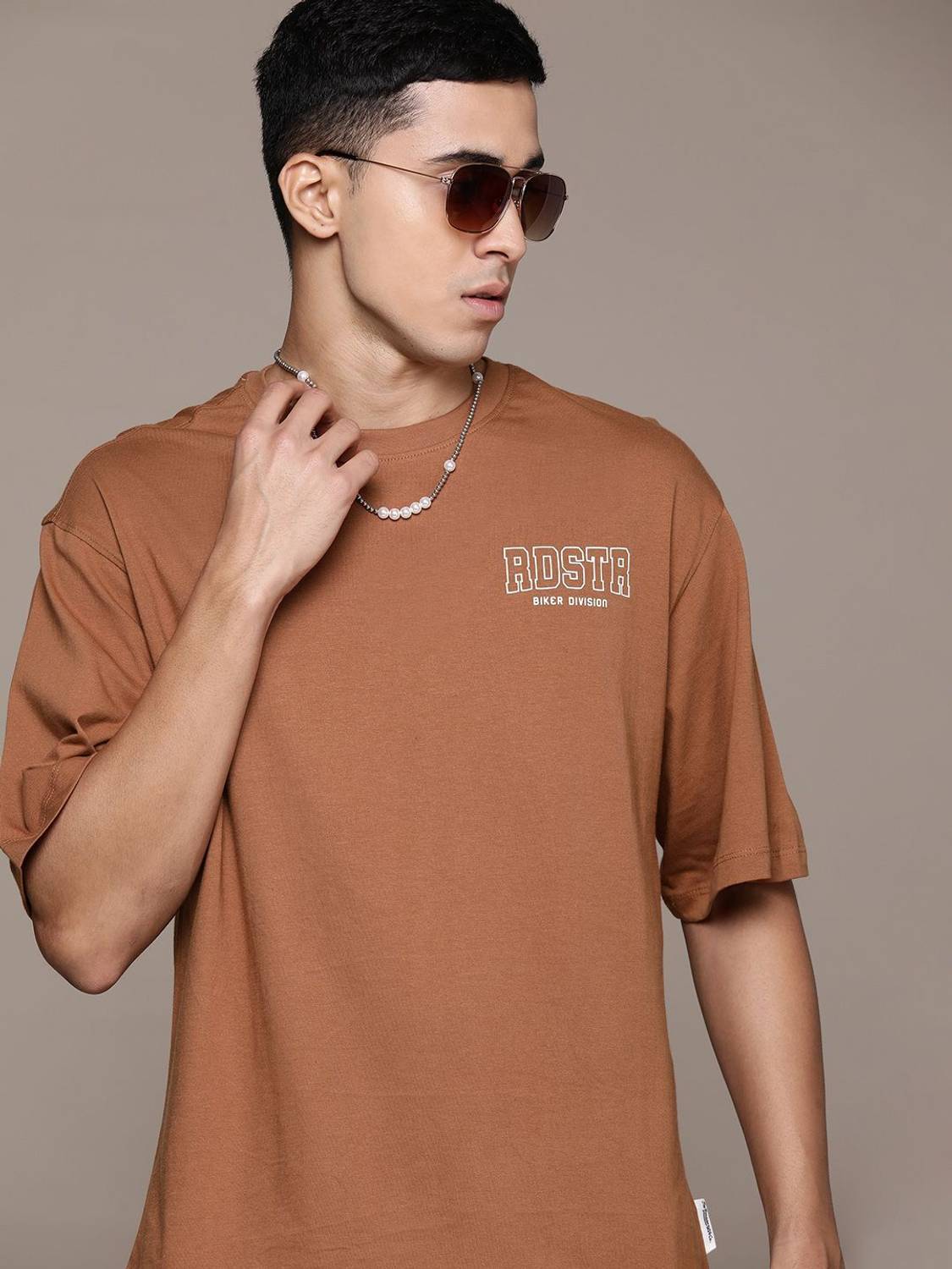 Roadster Men Printed Round Neck Pure Cotton Brown T-Shirt