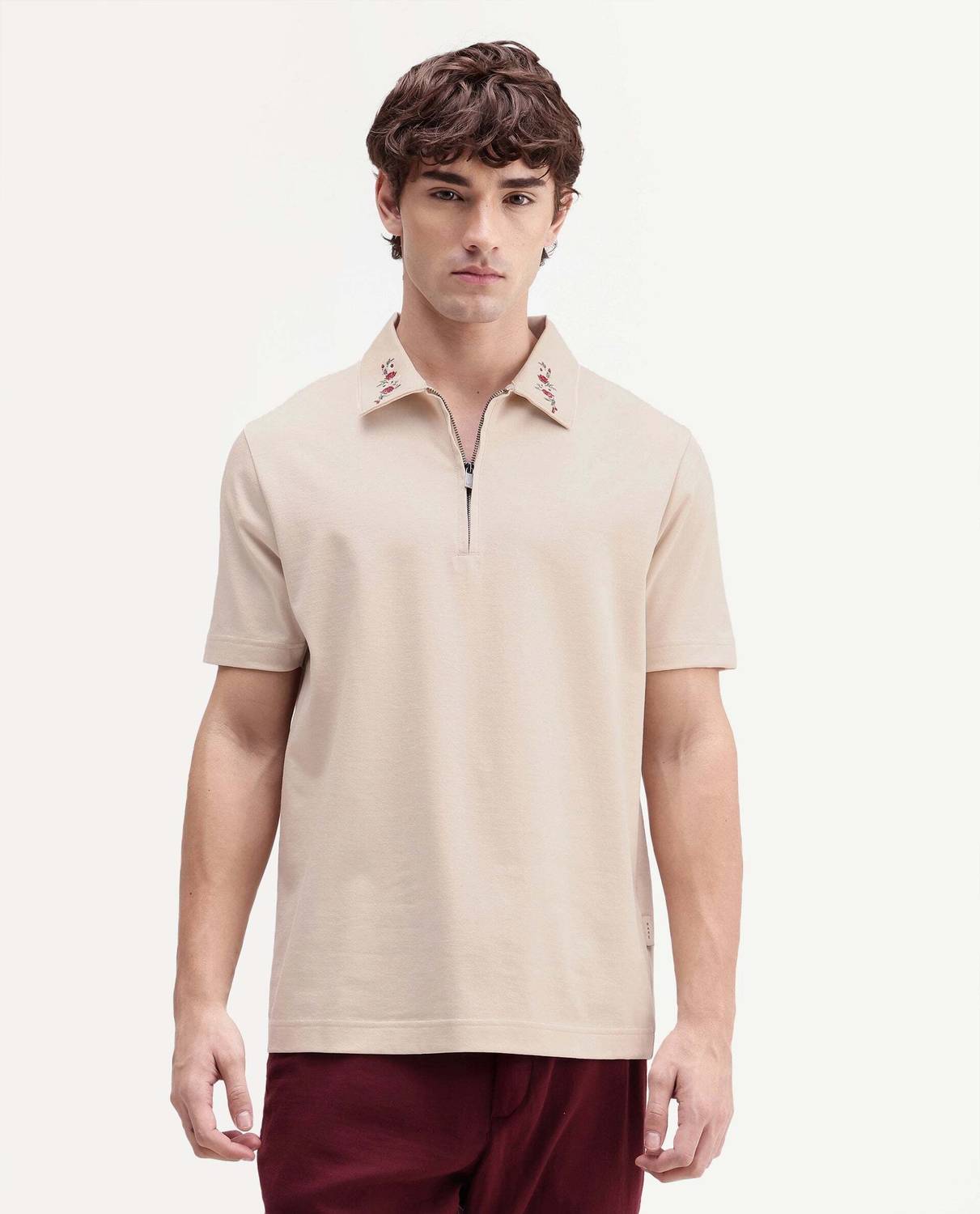 RARE RABBIT Embroidered Men Zip Neck Beige T-Shirt - Image 4