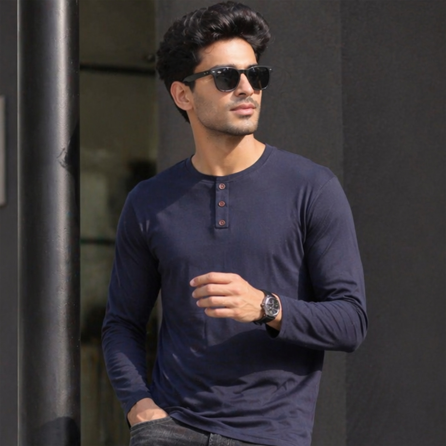 Image of Creation By London Hills Solid Men Henley Neck Navy Blue, Grey T-Shirt