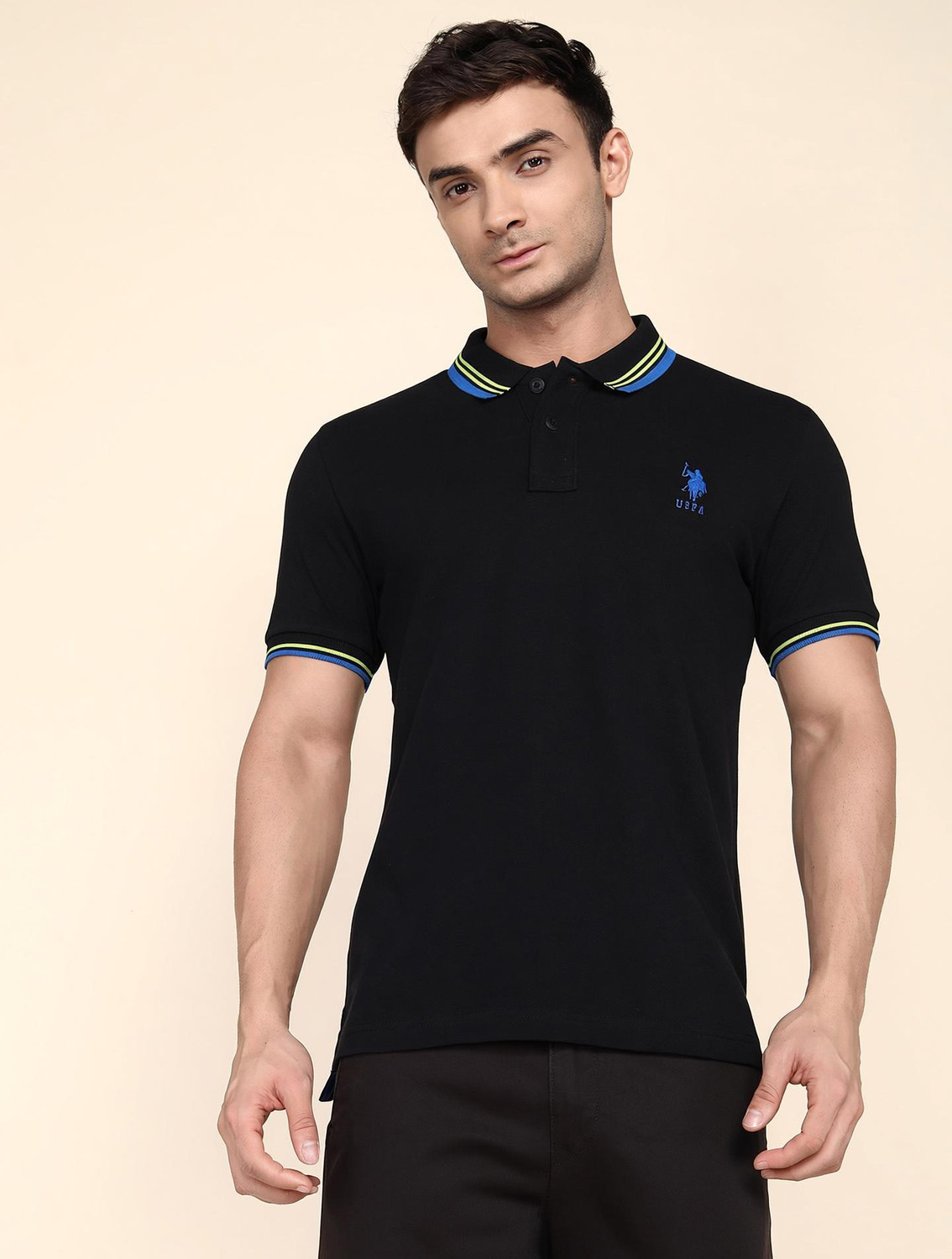Image of U.S. POLO ASSN. Floral Print Men Polo Neck Black T-Shirt