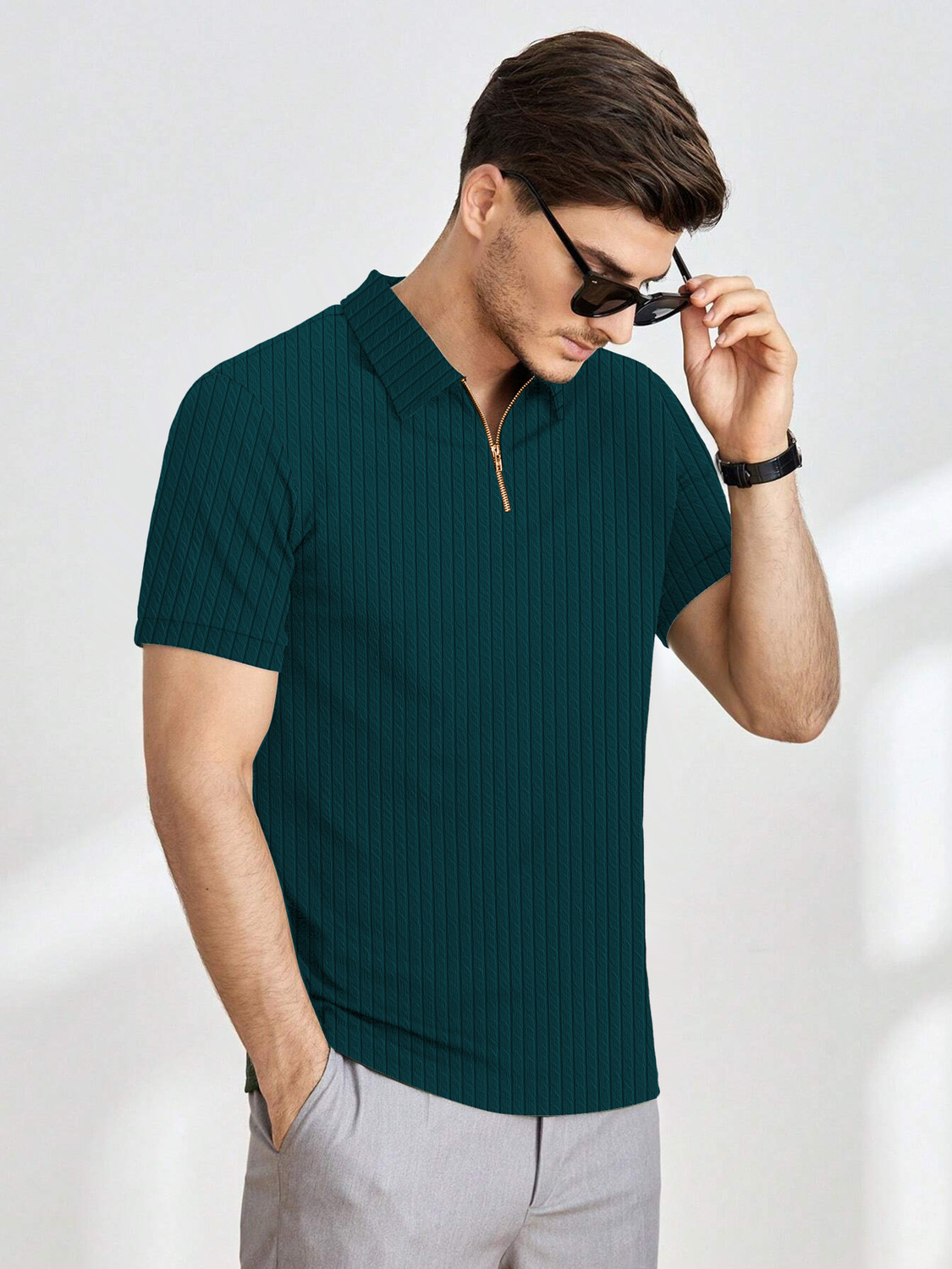 Image of KAJARU Self Design Men Polo Neck Dark Green T-Shirt
