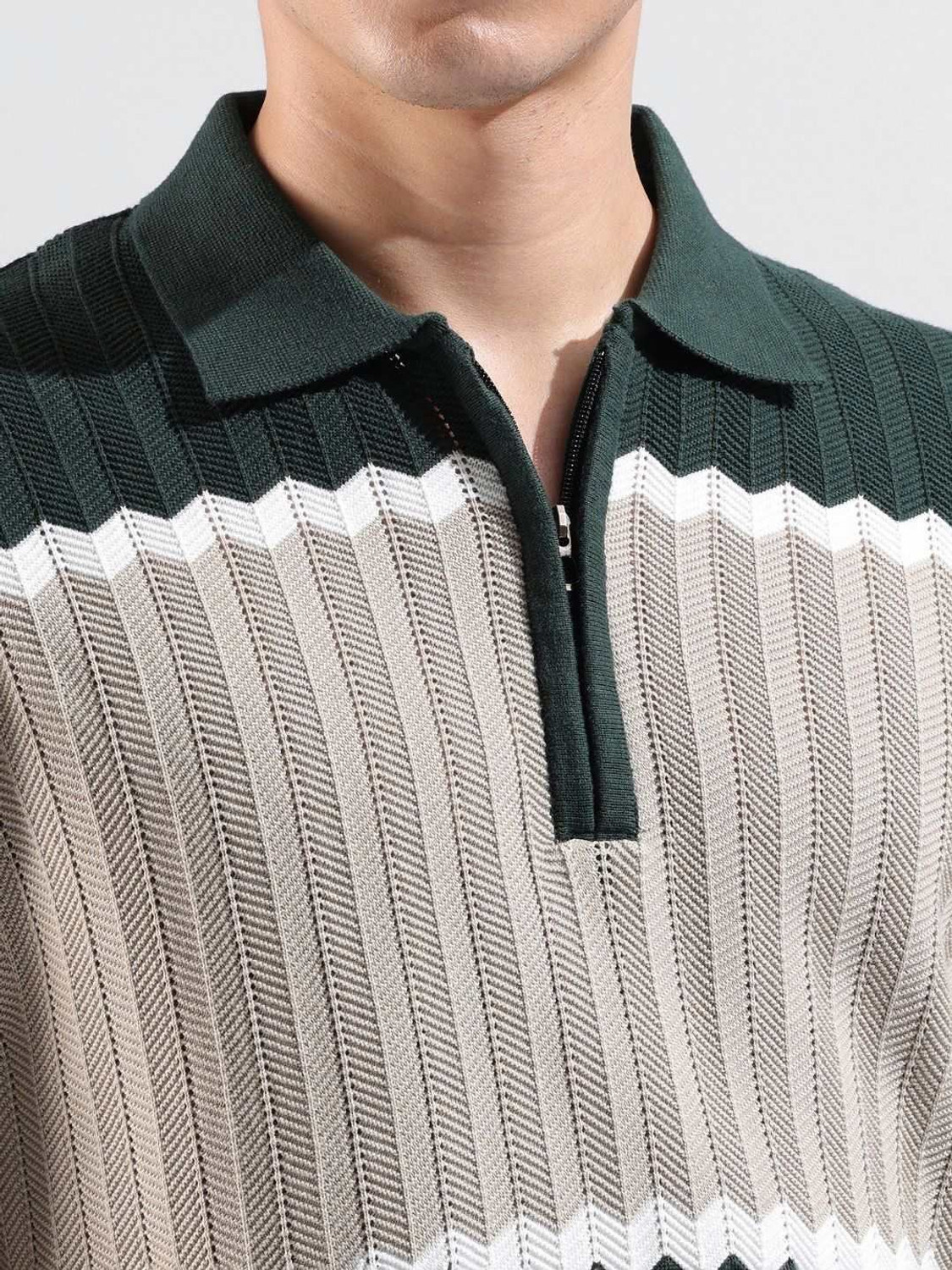 Image of The Indian Garage Co. Self Design Men Polo Neck Green T-Shirt