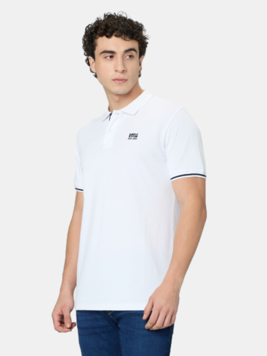 Image of Pepe Jeans Self Design, Abstract Men Polo Neck White T-Shirt