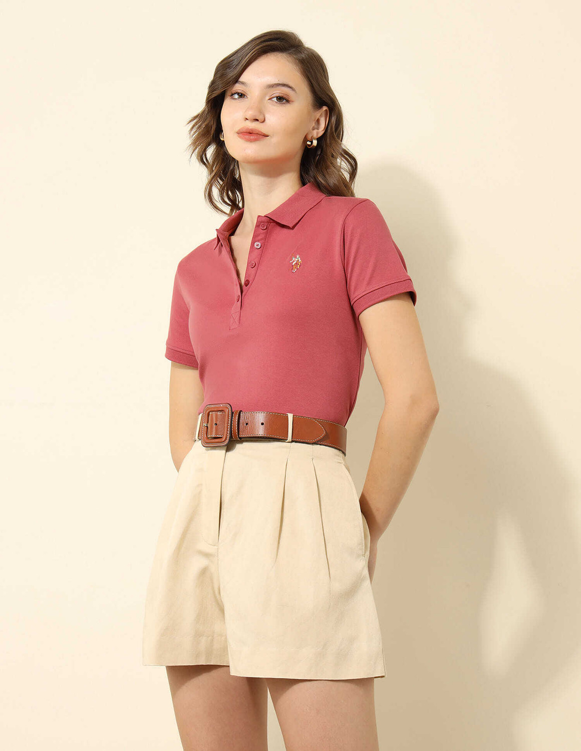 Image of U.S. POLO ASSN. Solid Women Polo Neck Pink T-Shirt
