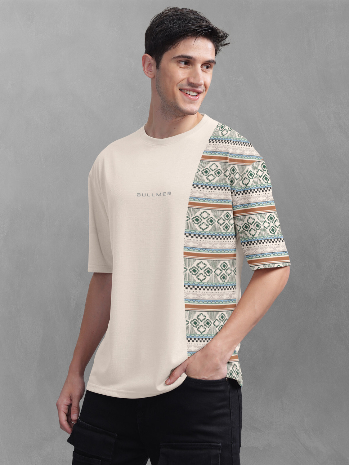 Image of Bullmer Printed Men Round Neck Beige T-Shirt
