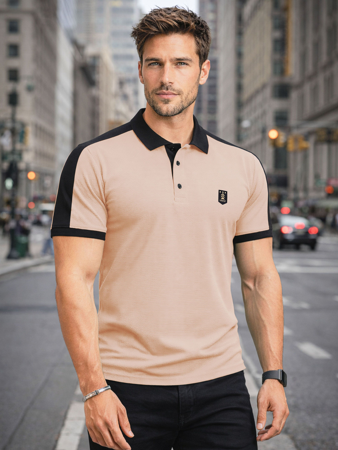 Image of VeBNoR Colorblock Men Polo Neck Beige T-Shirt