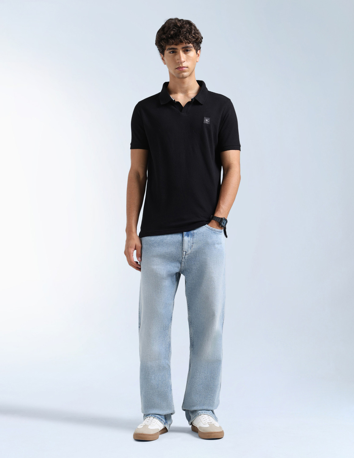 Image of FLYING MACHINE Self Design Men Polo Neck Black T-Shirt
