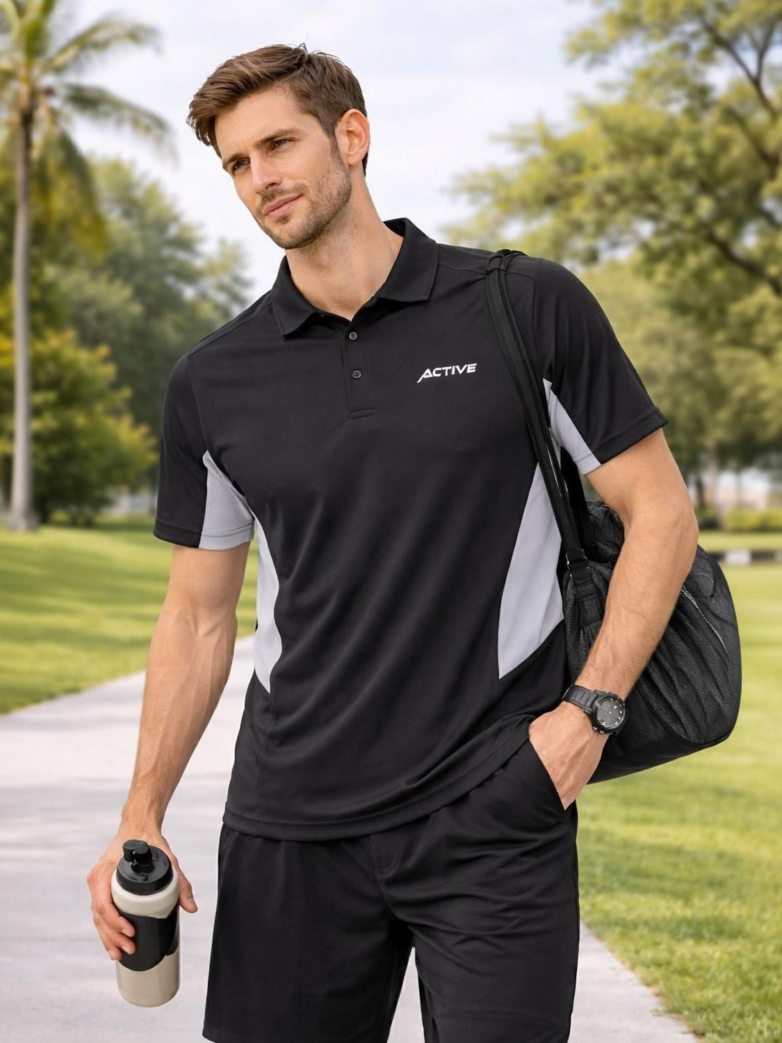 Image of RF Raves Colorblock Men Polo Neck Black T-Shirt