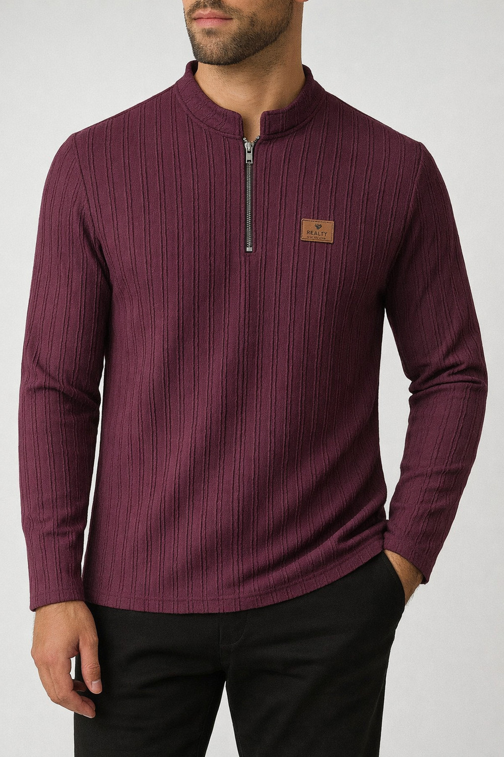Image of PRAIZY Solid Men Zip Neck Purple T-Shirt