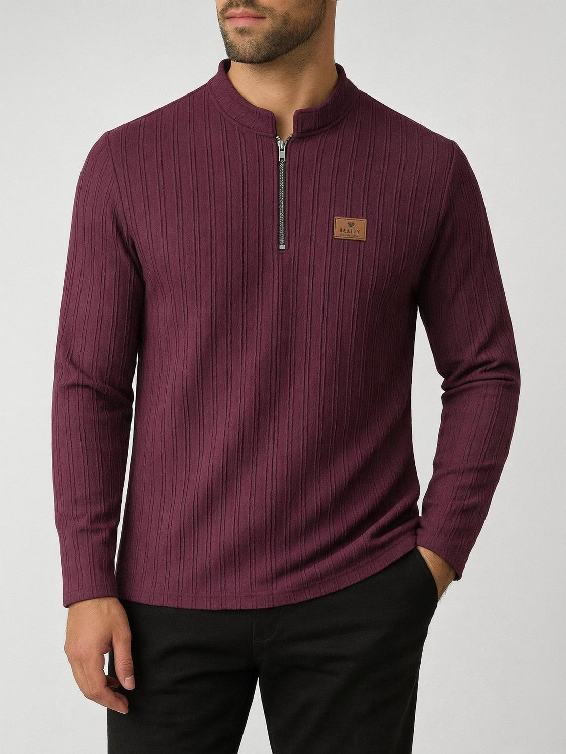 Image of PRAIZY Solid Men Zip Neck Maroon T-Shirt