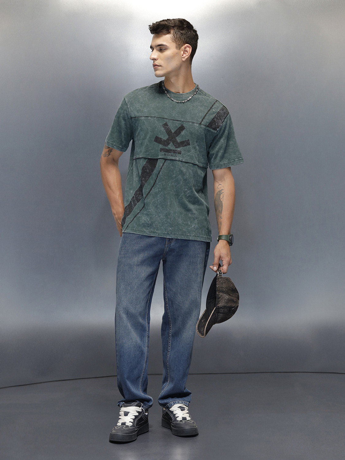Image of WROGN Printed Men Crew Neck Green T-Shirt