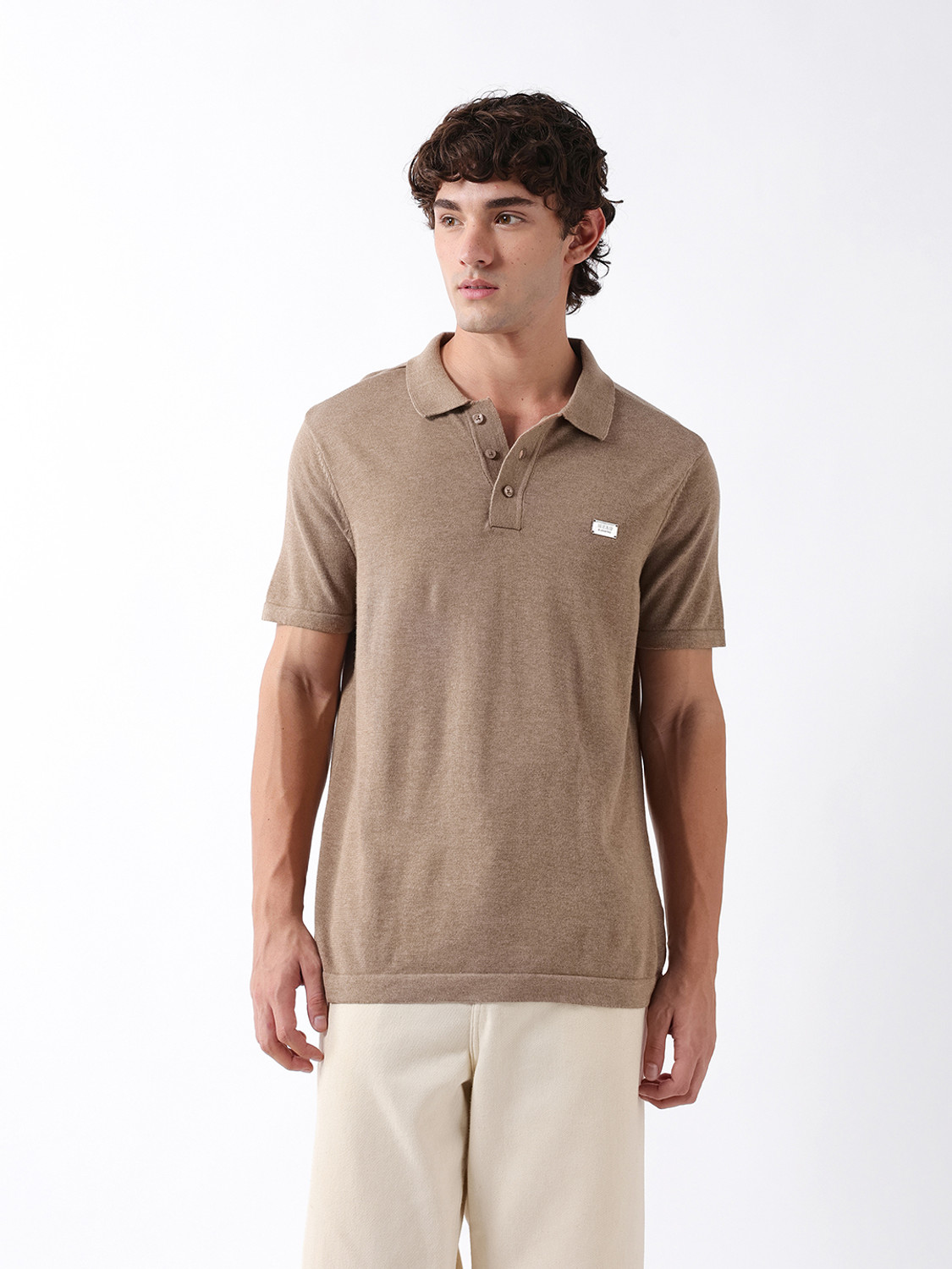 THE BEAR HOUSE Self Design Men Polo Neck Beige T-Shirt