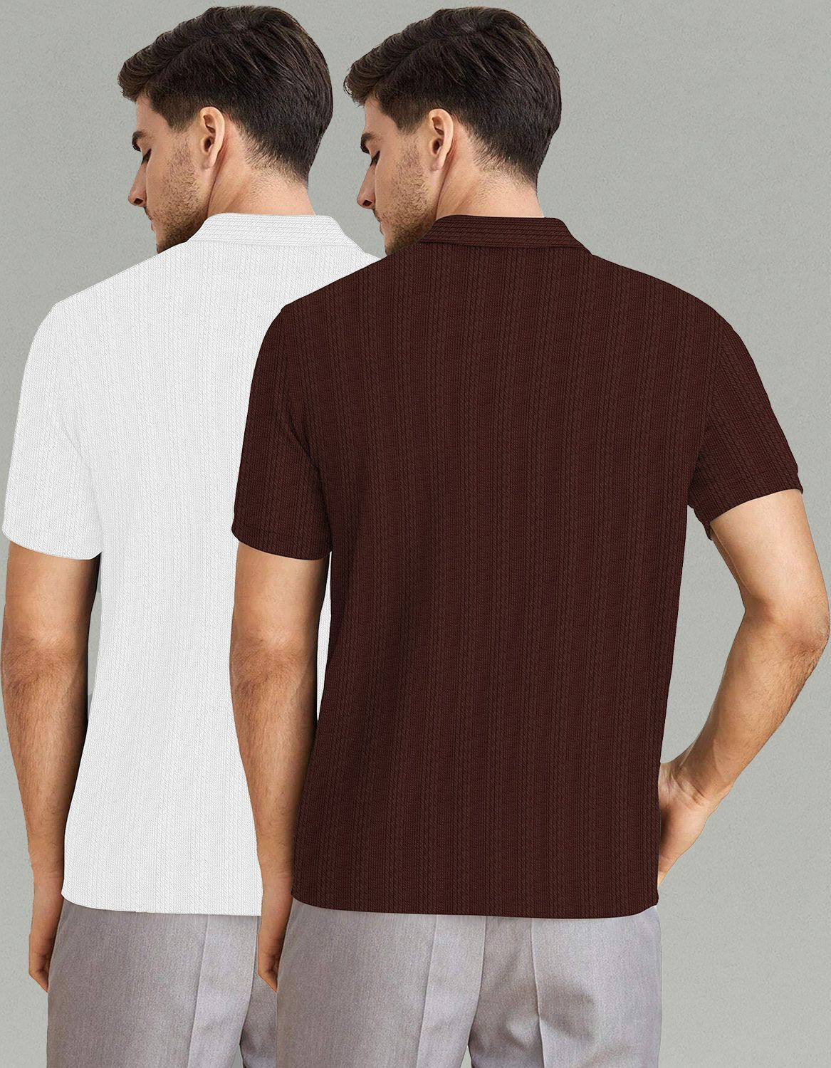 Image of Happy Khajana Self Design Men Polo Neck Brown, White T-Shirt