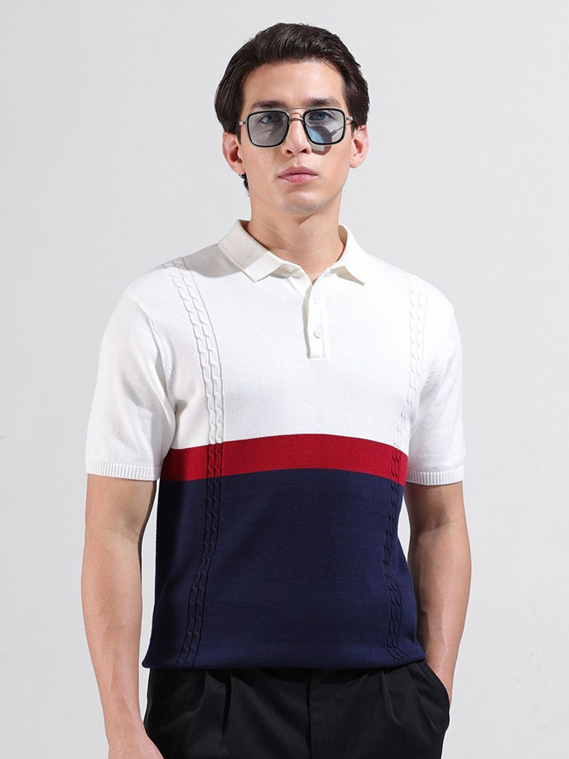 Image of The Indian Garage Co. Self Design Men Polo Neck White T-Shirt