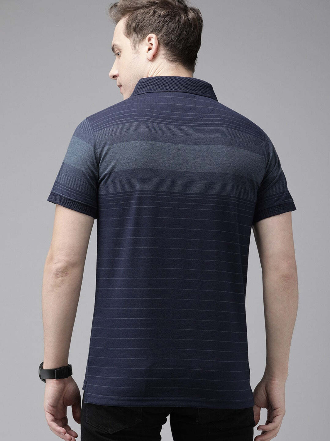 Image of THE BEAR HOUSE Striped Men Polo Neck Blue T-Shirt