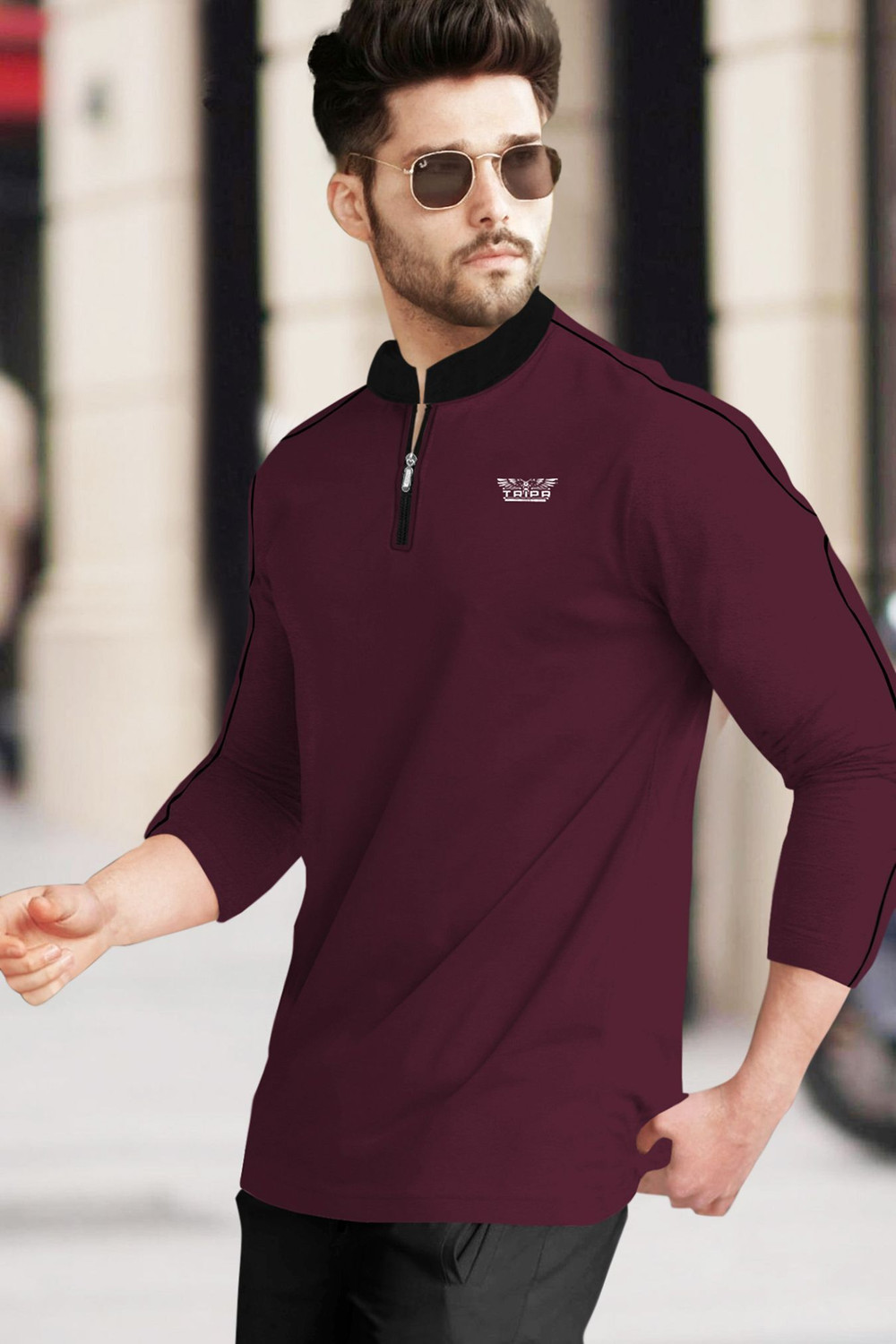 Image of TRIPR Solid Men Mandarin Collar Maroon, Black T-Shirt