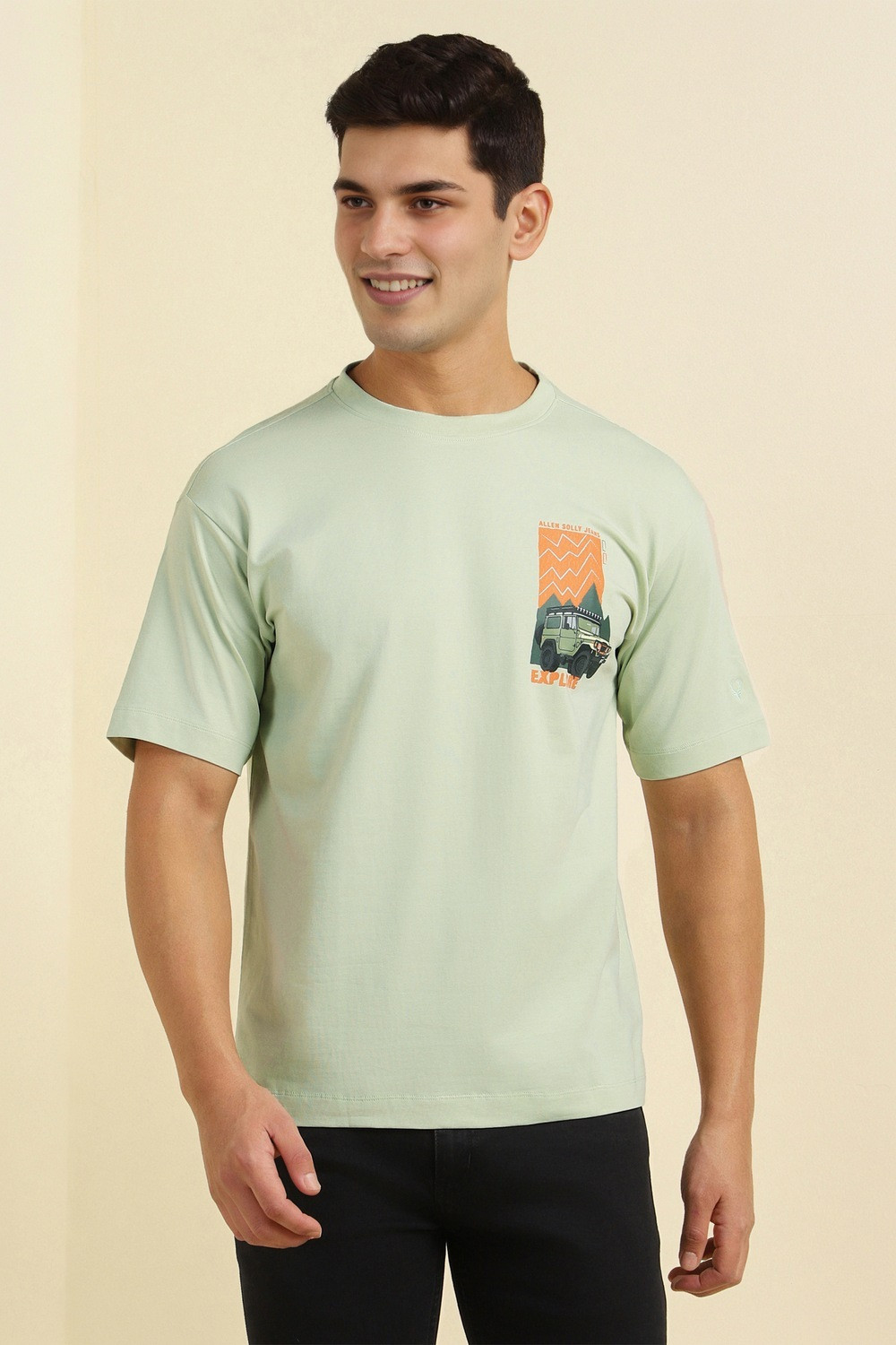 Image of Allen Solly Self Design Men Crew Neck Green T-Shirt