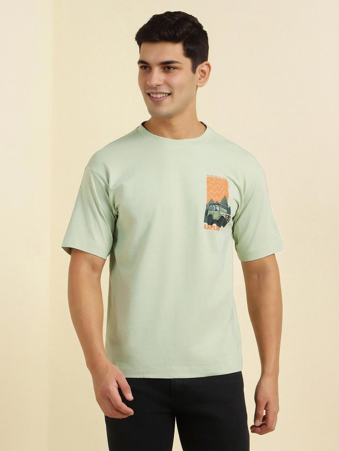 Image of Allen Solly Self Design Men Crew Neck Green T-Shirt