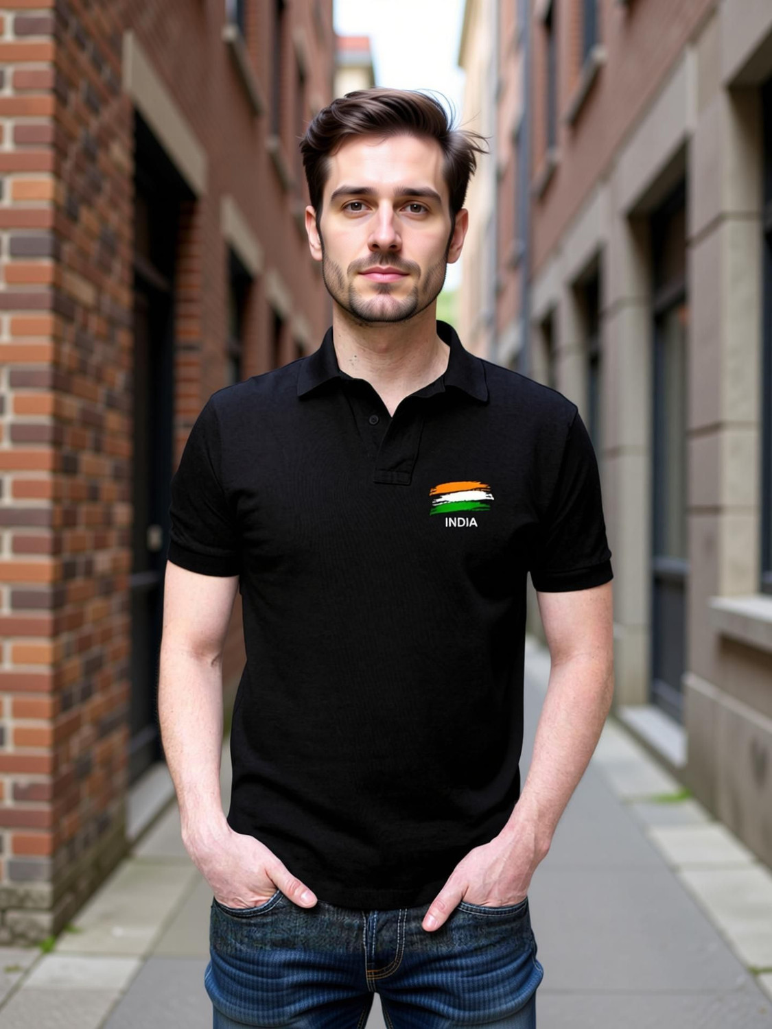 Image of Spohub Men Printed Polo Neck Polycotton Black T-Shirt