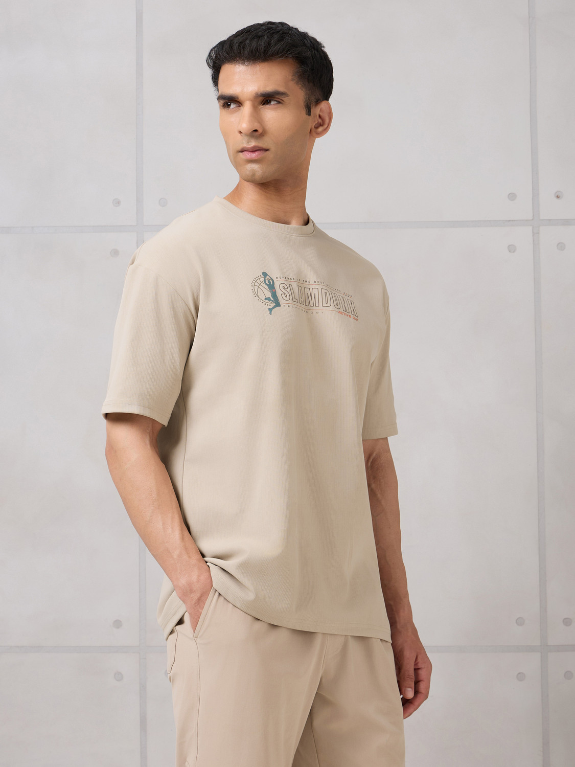 Image of TECHNOSPORT Sporty Men Round Neck Beige T-Shirt