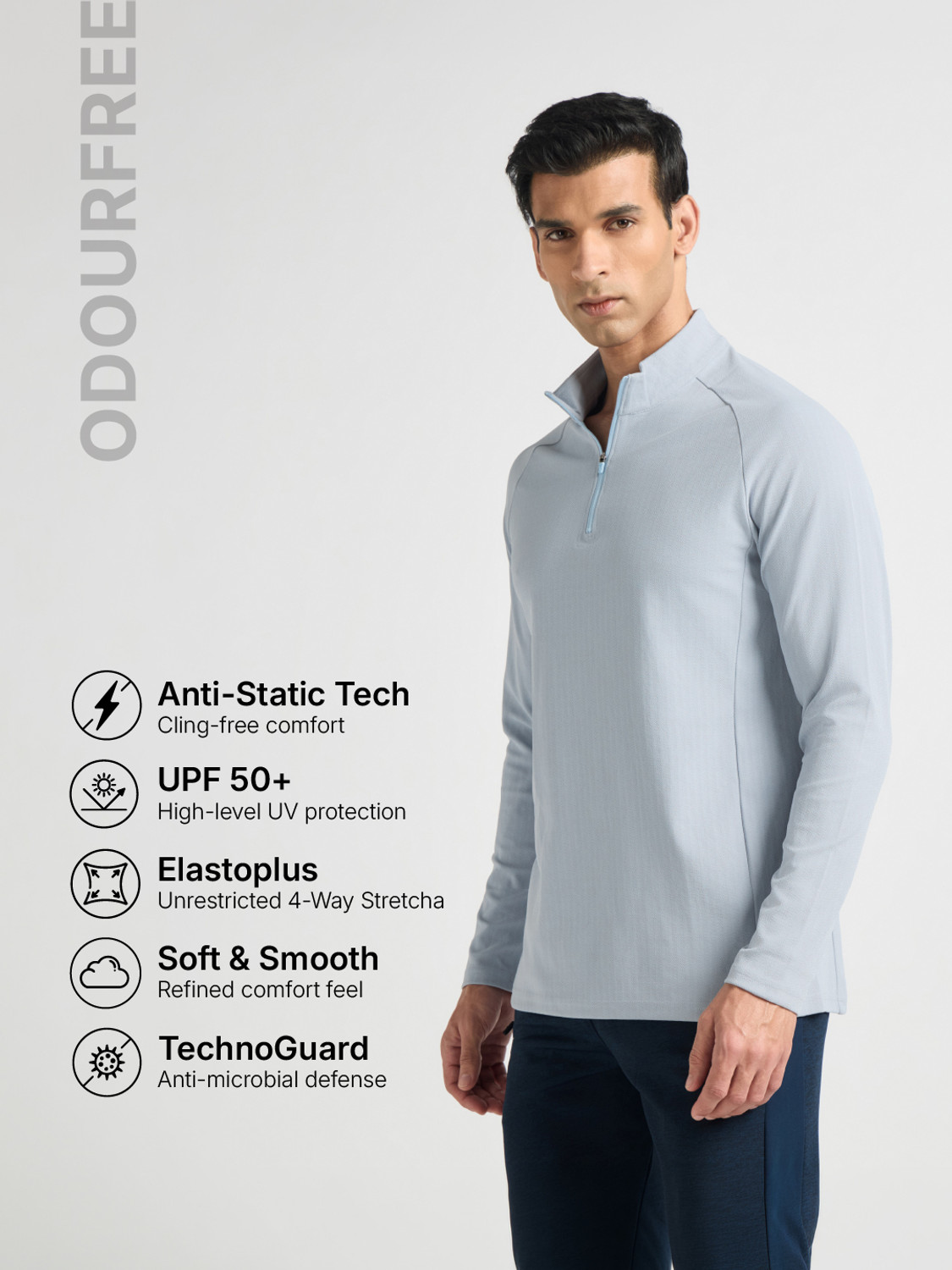 Image of TECHNOSPORT Solid Men Zip Neck Light Blue T-Shirt