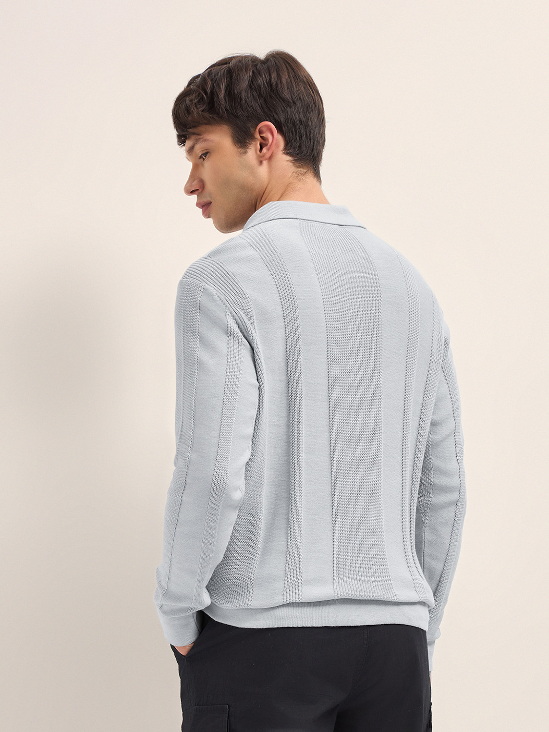 Image of THE BEAR HOUSE Striped Men Polo Neck Grey T-Shirt