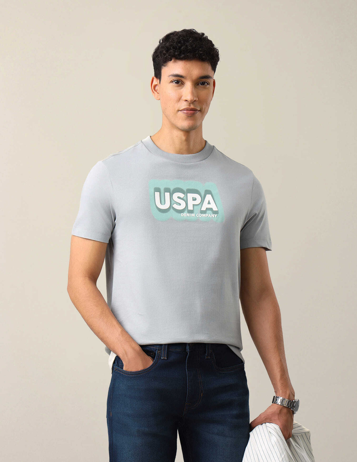 Image of U.S. Polo Assn. Denim Co. Men Typography Crew Neck Pure Cotton Grey T-Shirt