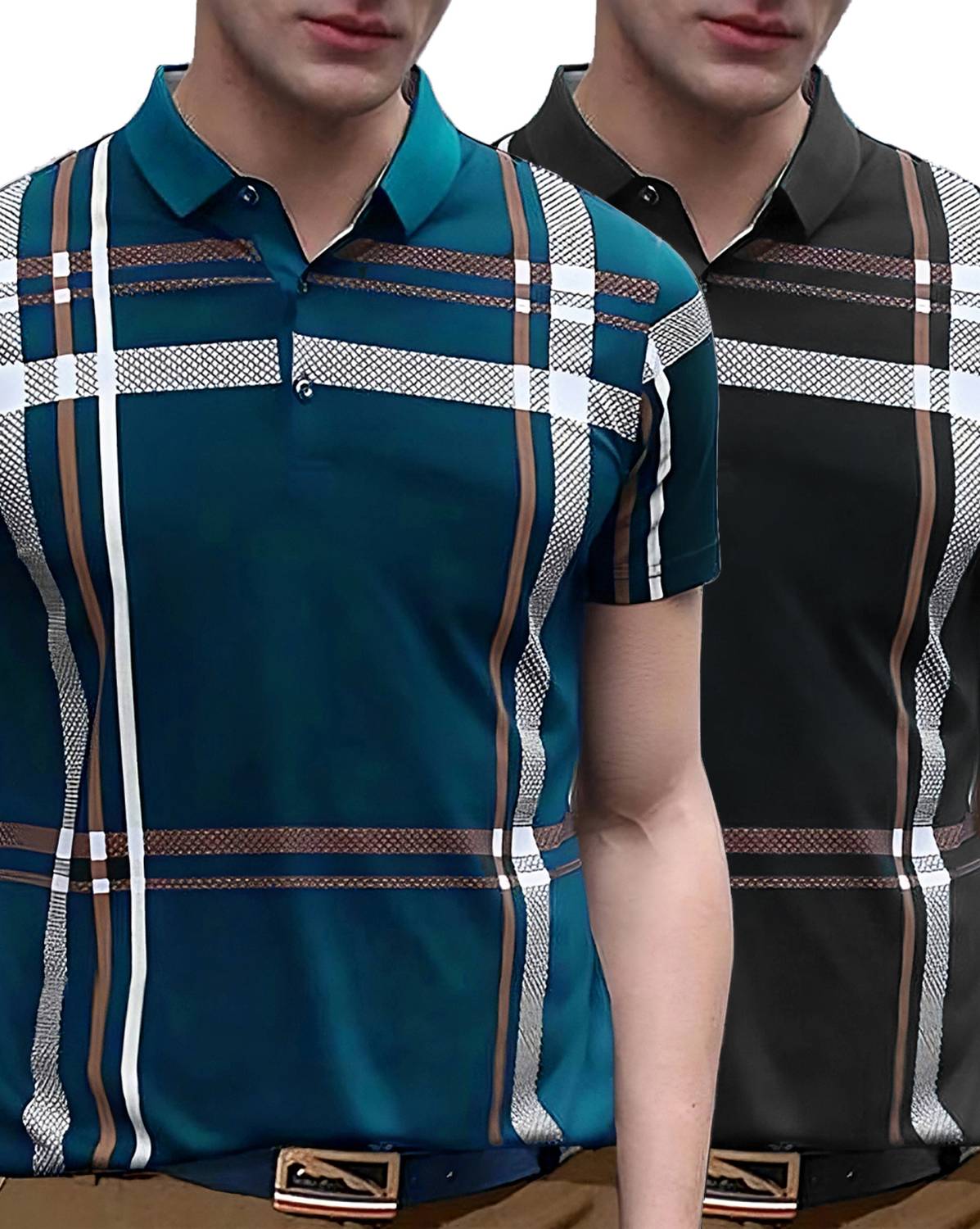 AUSK Pack of 2 Men Checkered Polo Neck Cotton Blend Multicolor T-