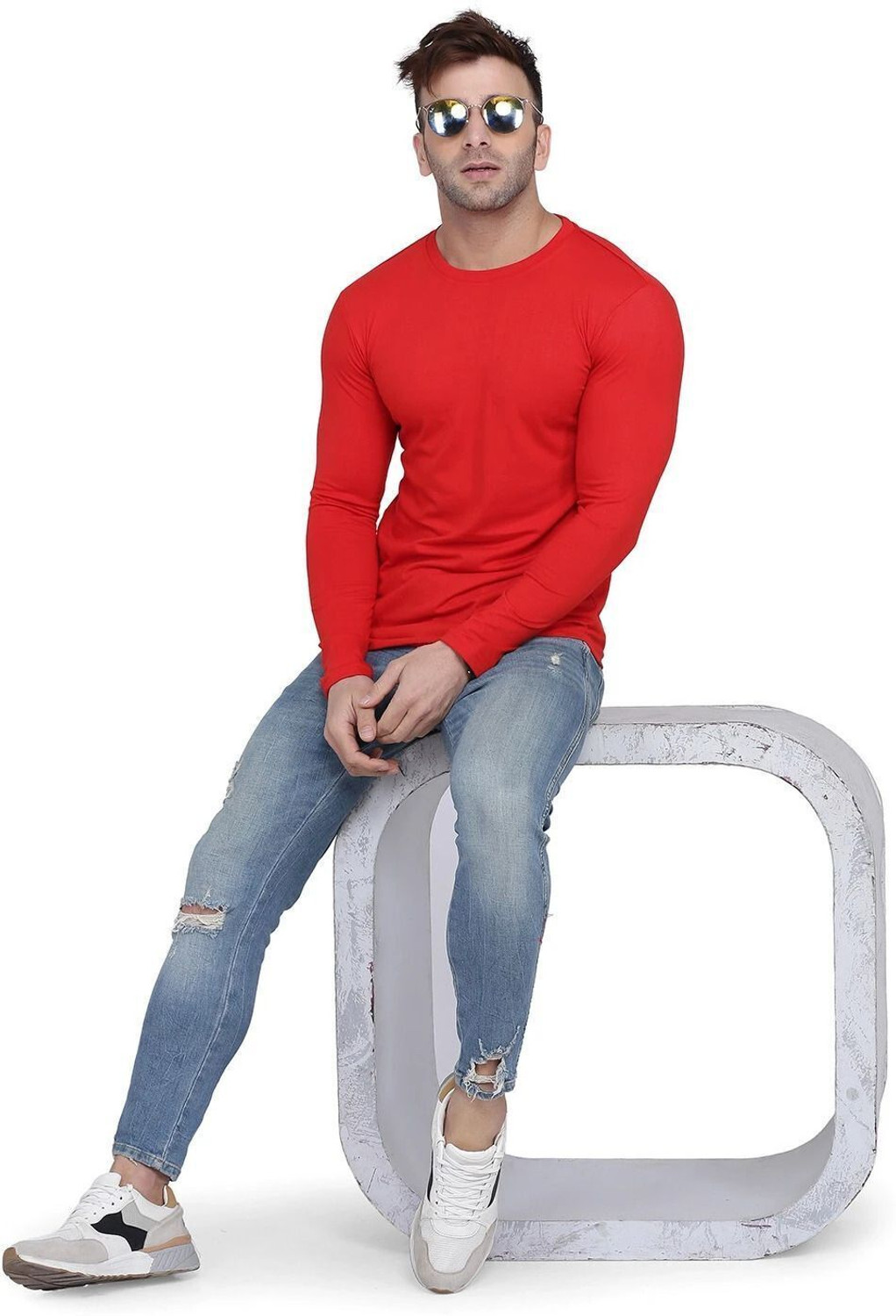 Image of New Trends Collection Solid Men Round Neck Dark Blue, Red T-Shirt