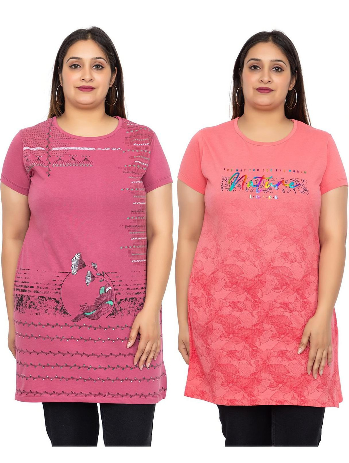 Image of Star Touch Floral Print Women Round Neck Pink, Red T-Shirt